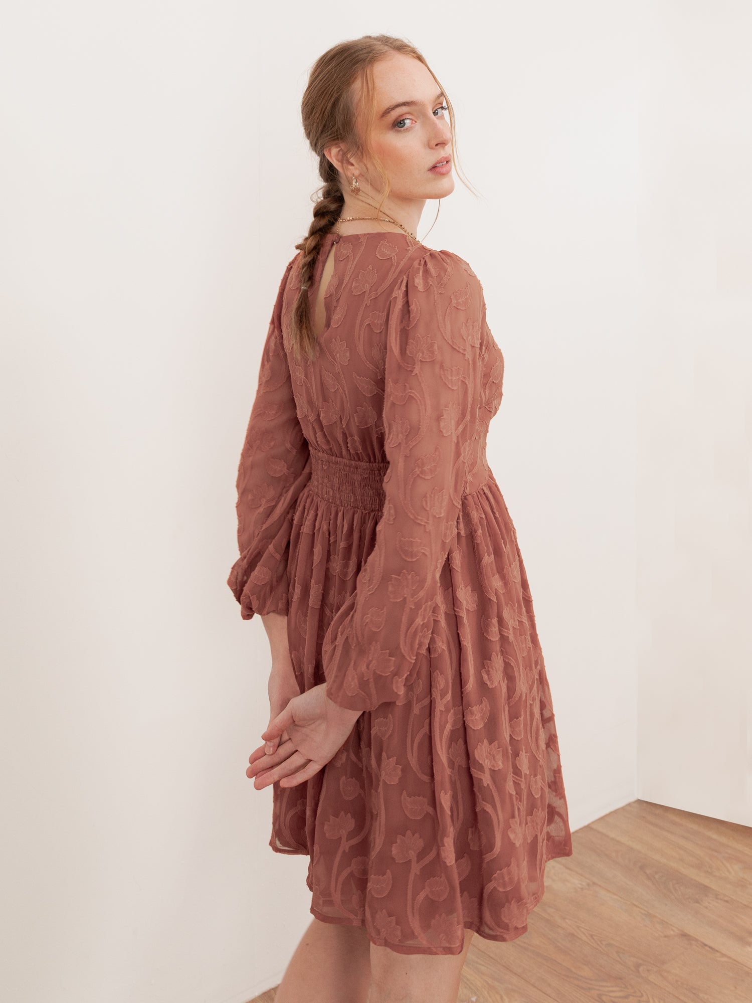 Lovedrobe Terracotta Floral Burnout Maxi Sleeve Mini Dress