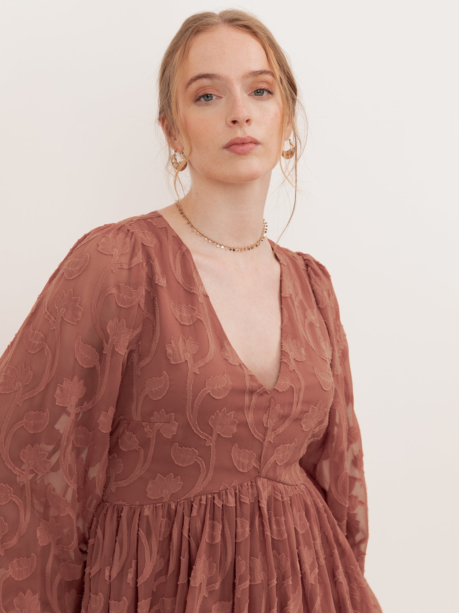 Lovedrobe Terracotta Floral Burnout Maxi Sleeve Mini Dress