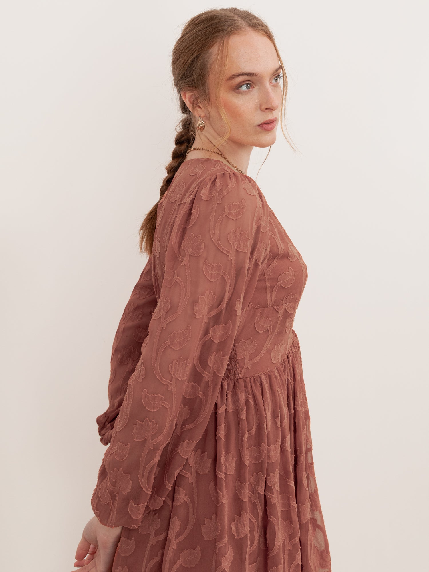 Lovedrobe Terracotta Floral Burnout Maxi Sleeve Mini Dress