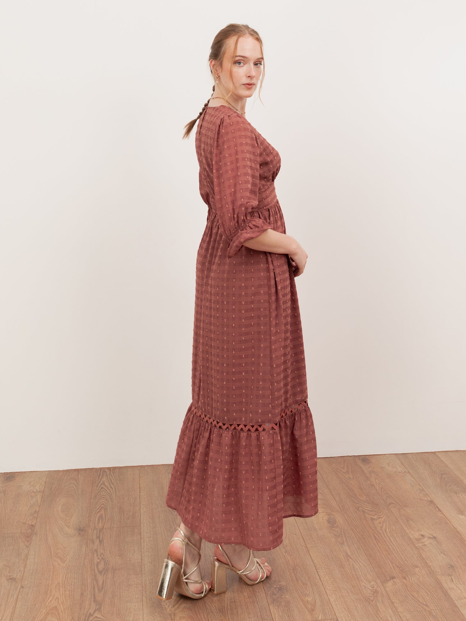 Lovedrobe Terracotta Pink Gingham V Neck Midaxi Dress