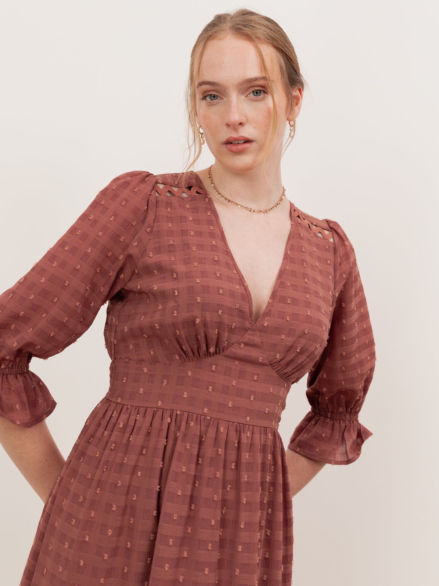 Lovedrobe Terracotta Pink Gingham V Neck Midaxi Dress