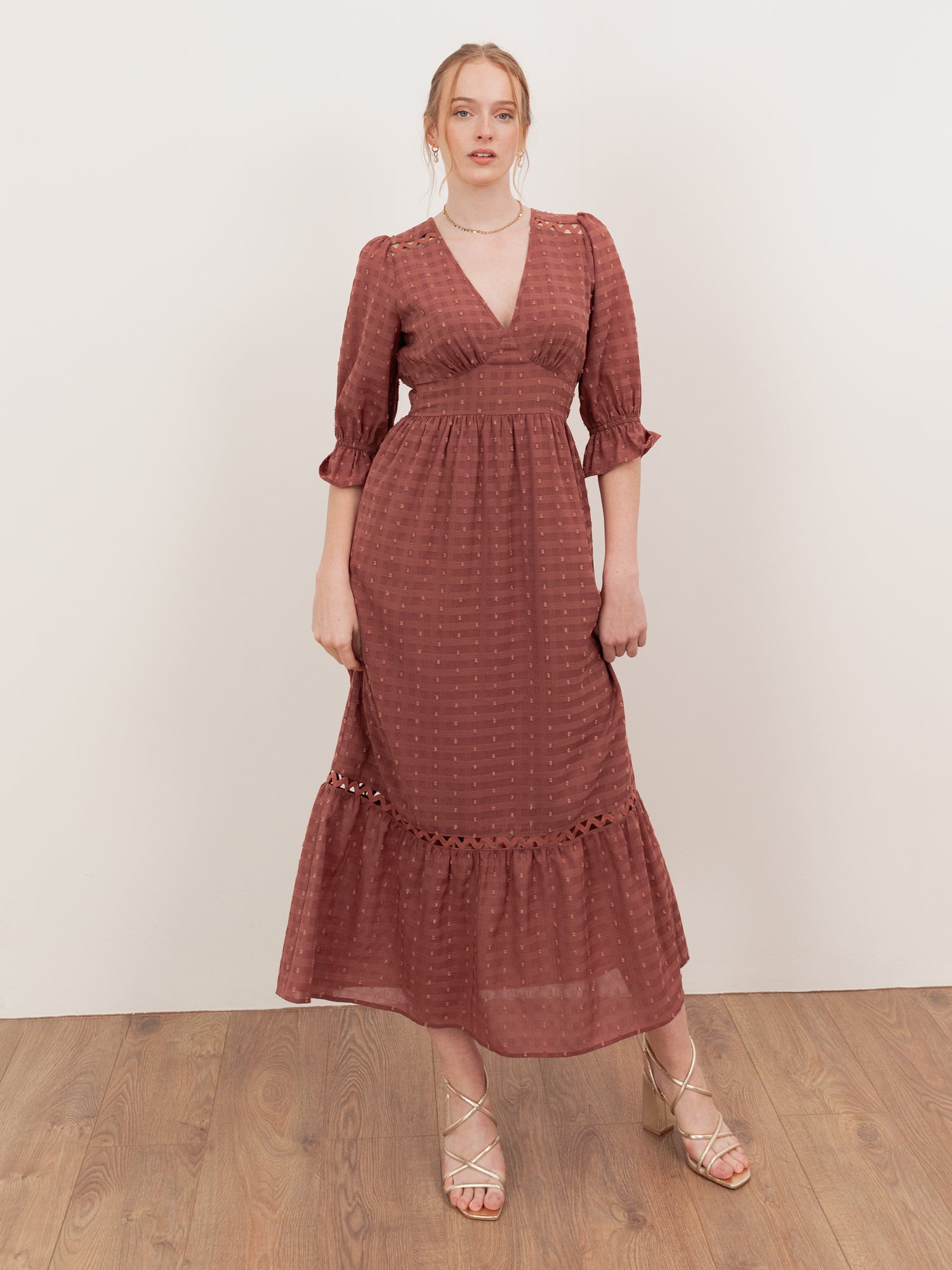 Lovedrobe Terracotta Pink Gingham V Neck Midaxi Dress