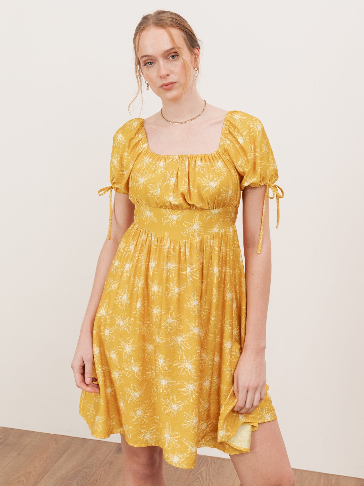 Lovedrobe Yellow Floral Elasticated Square Neck Mini Dress