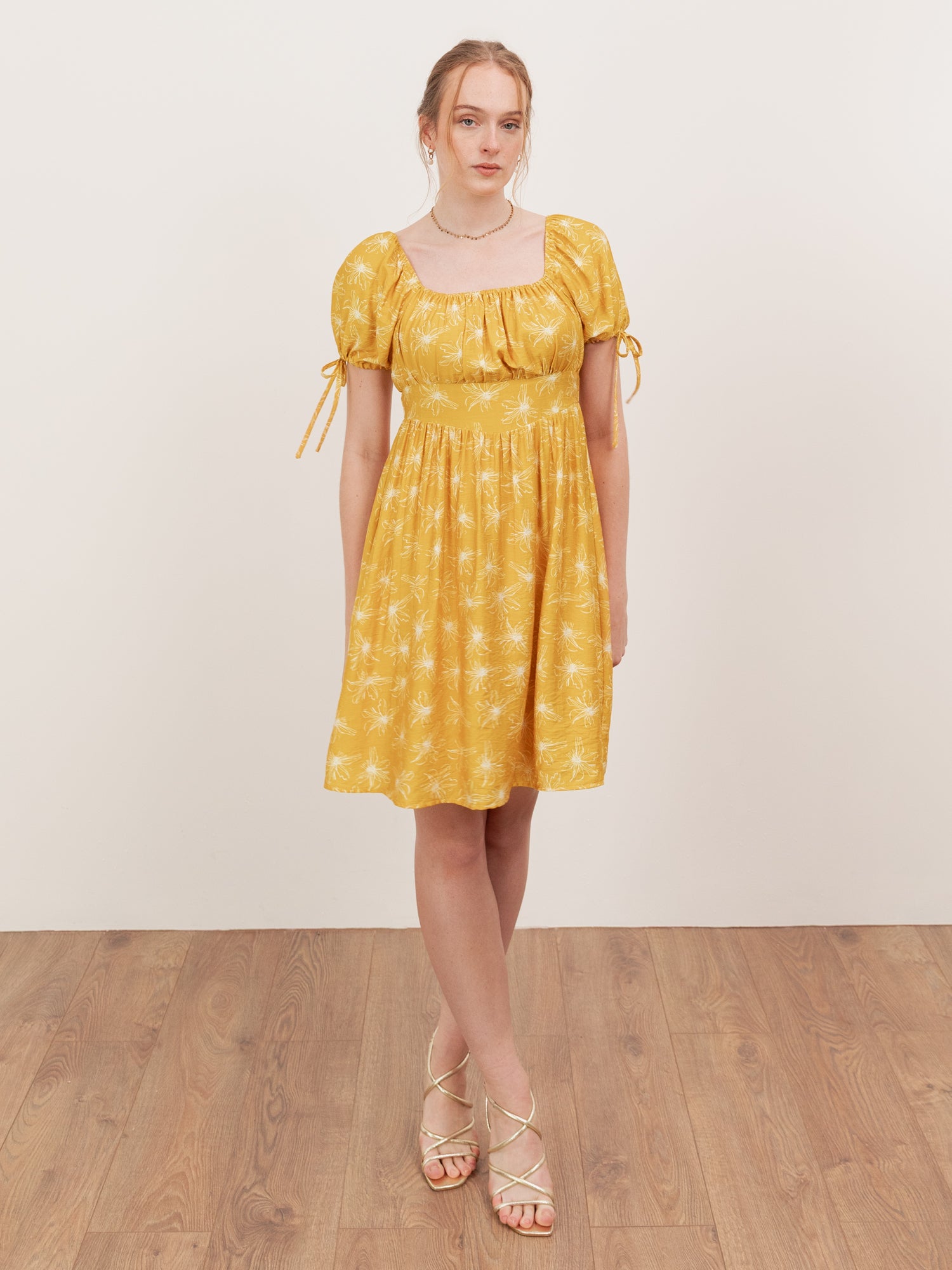 Lovedrobe Yellow Floral Elasticated Square Neck Mini Dress