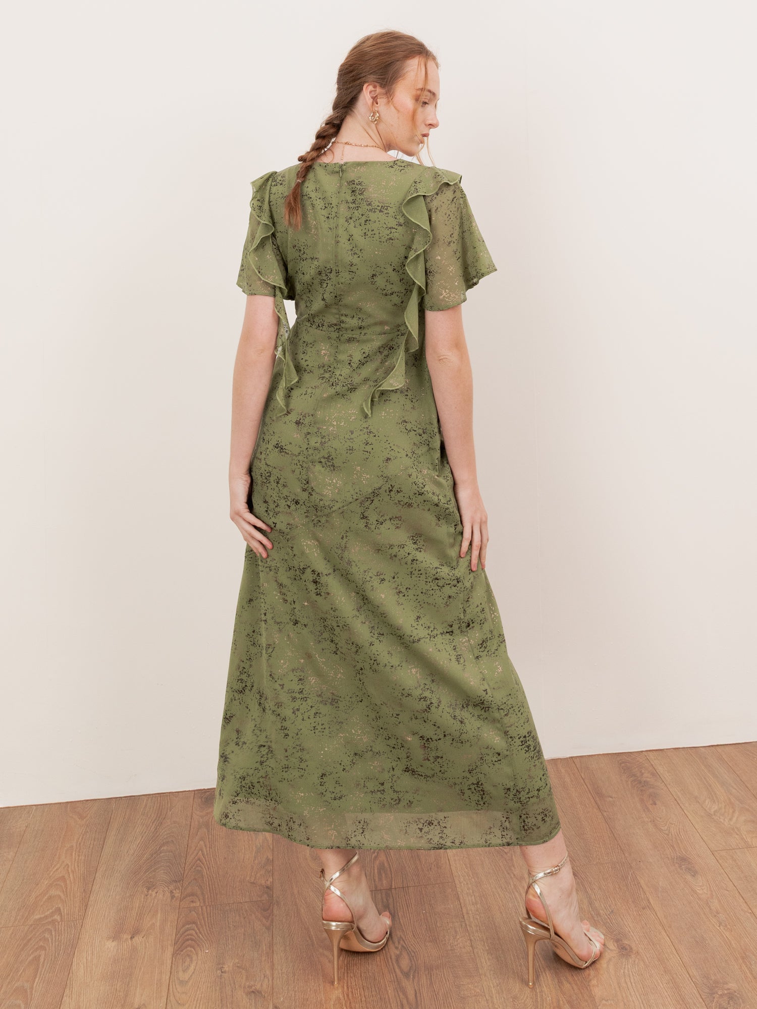 Lovedrobe Green Angel Sleeve V Neck Midaxi Dress with Ruffle Detail
