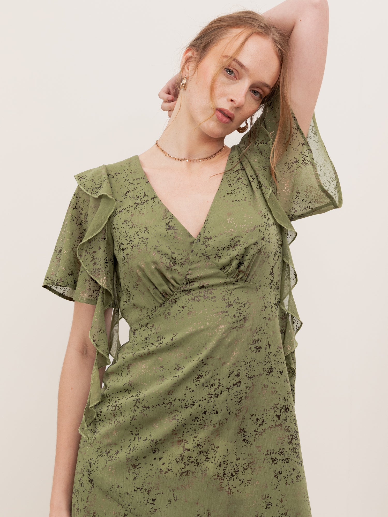 Lovedrobe Green Angel Sleeve V Neck Midaxi Dress with Ruffle Detail
