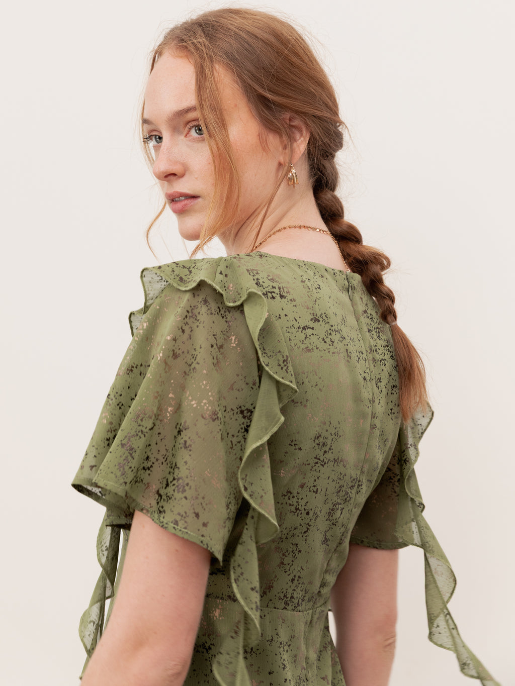 Lovedrobe Green Angel Sleeve V Neck Midaxi Dress with Ruffle Detail