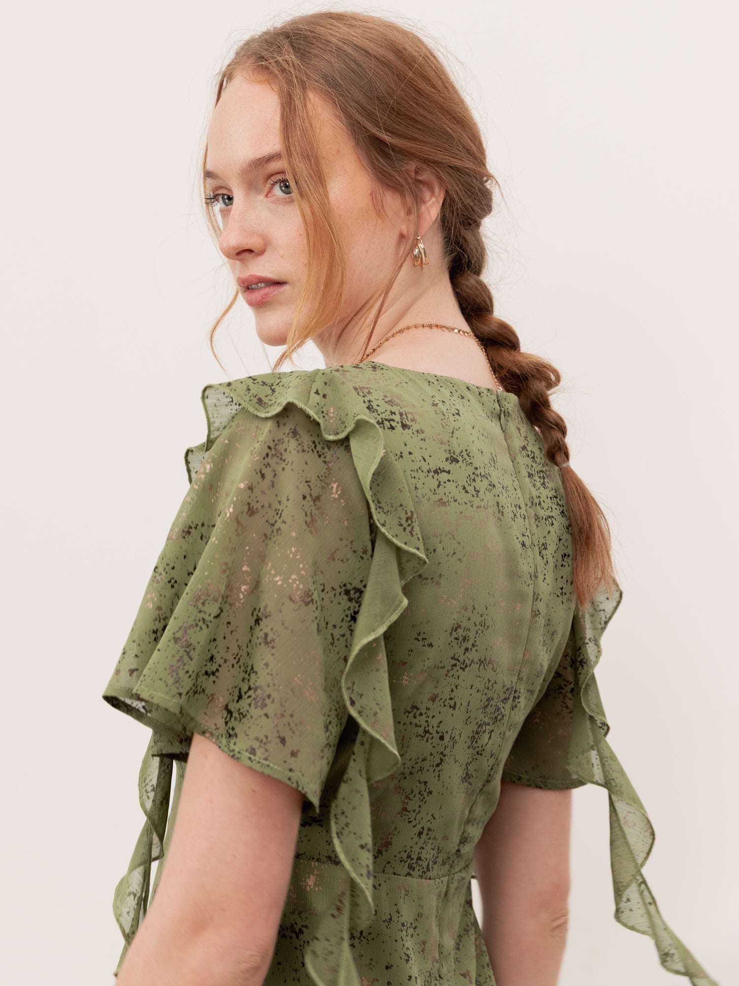 Lovedrobe Green Angel Sleeve V Neck Midaxi Dress with Ruffle Detail