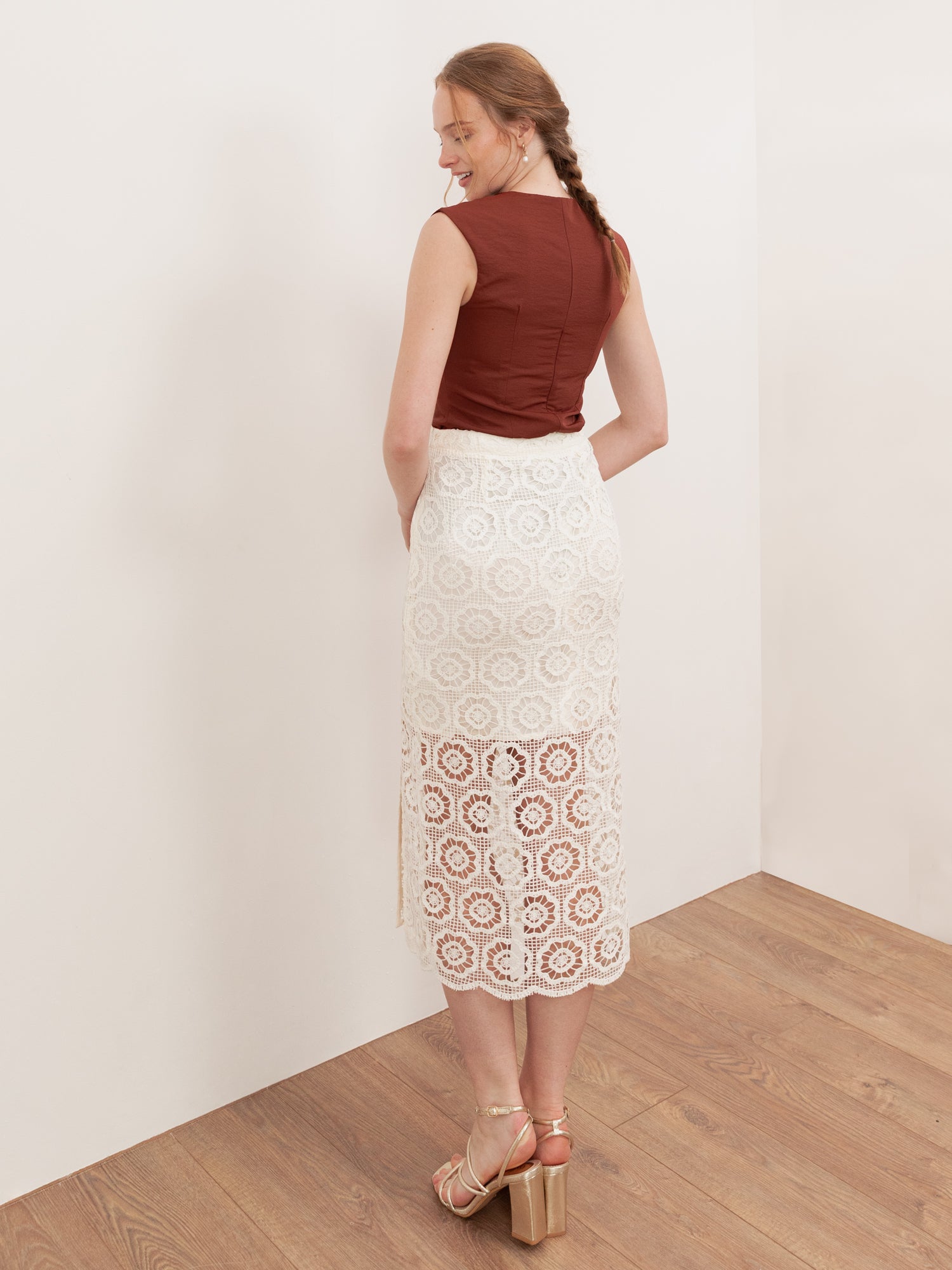 Lovedrobe Cream Crochet Lace Midi Skirt