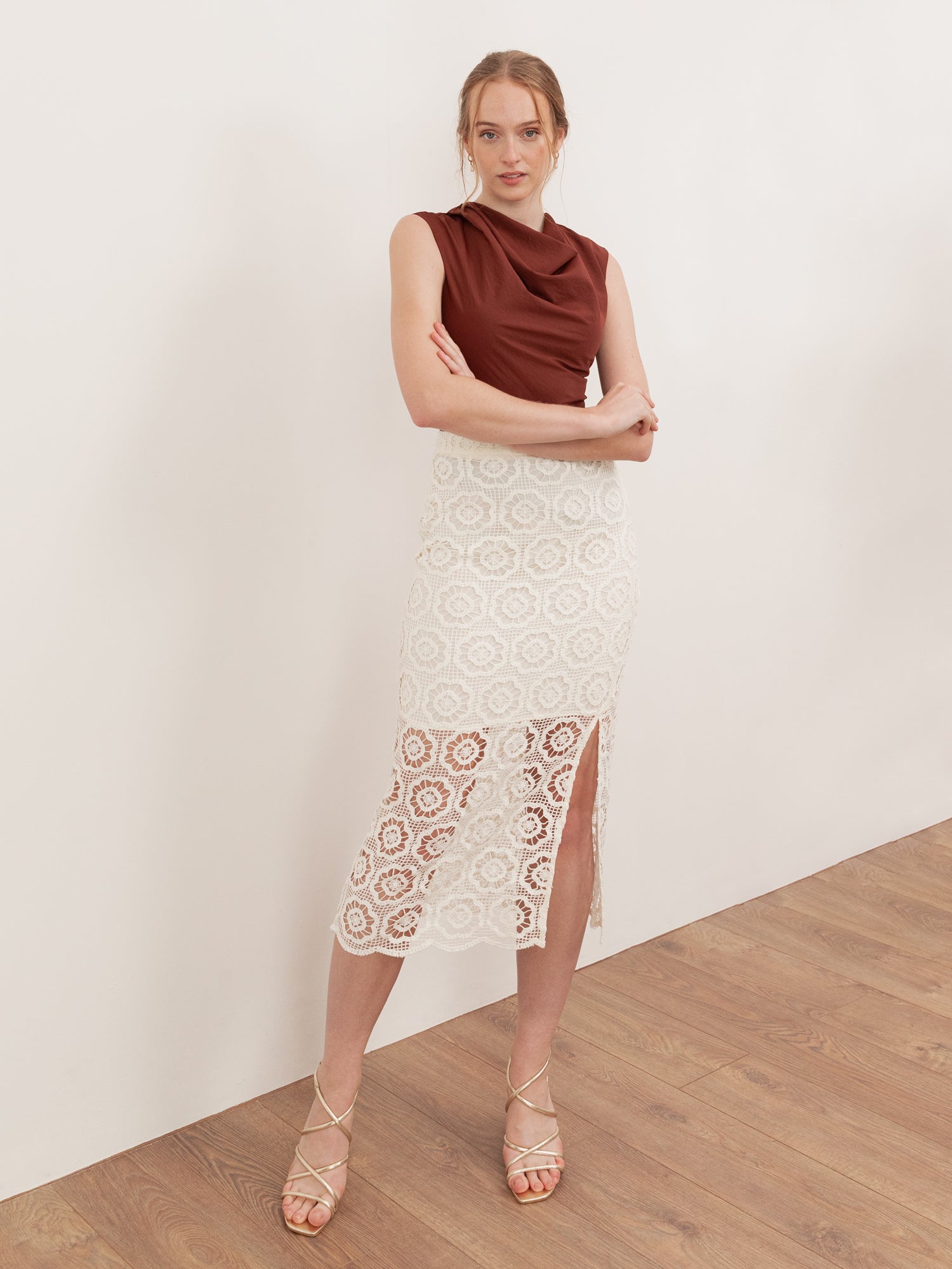 Lovedrobe Cream Crochet Lace Midi Skirt