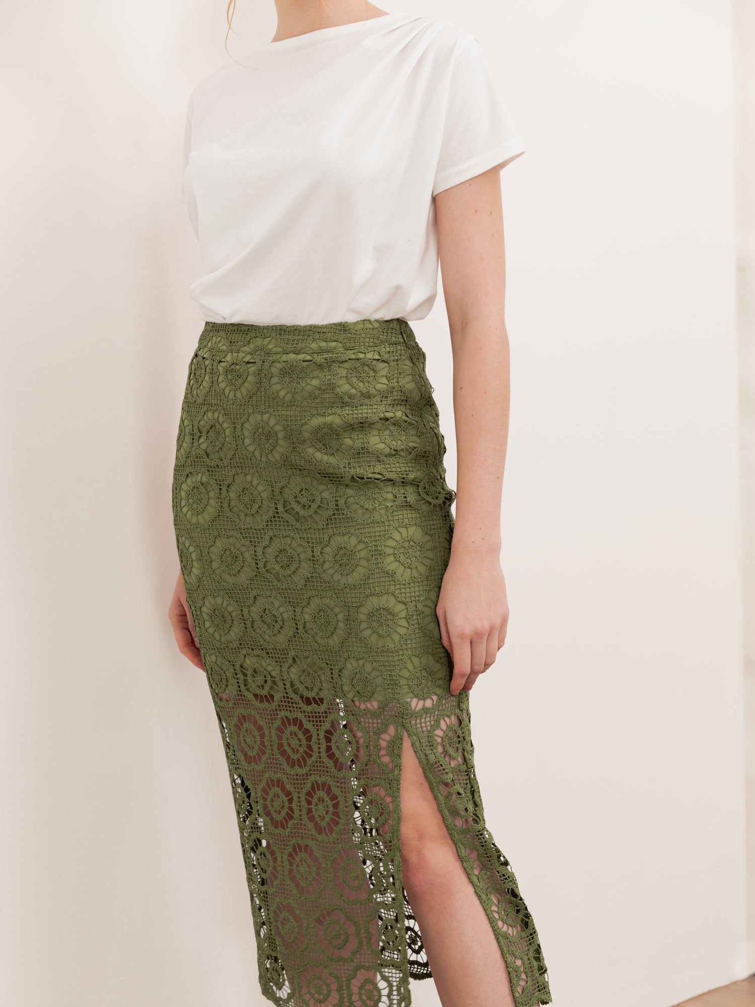 Lovedrobe Khaki Crochet Lace Midi Skirt