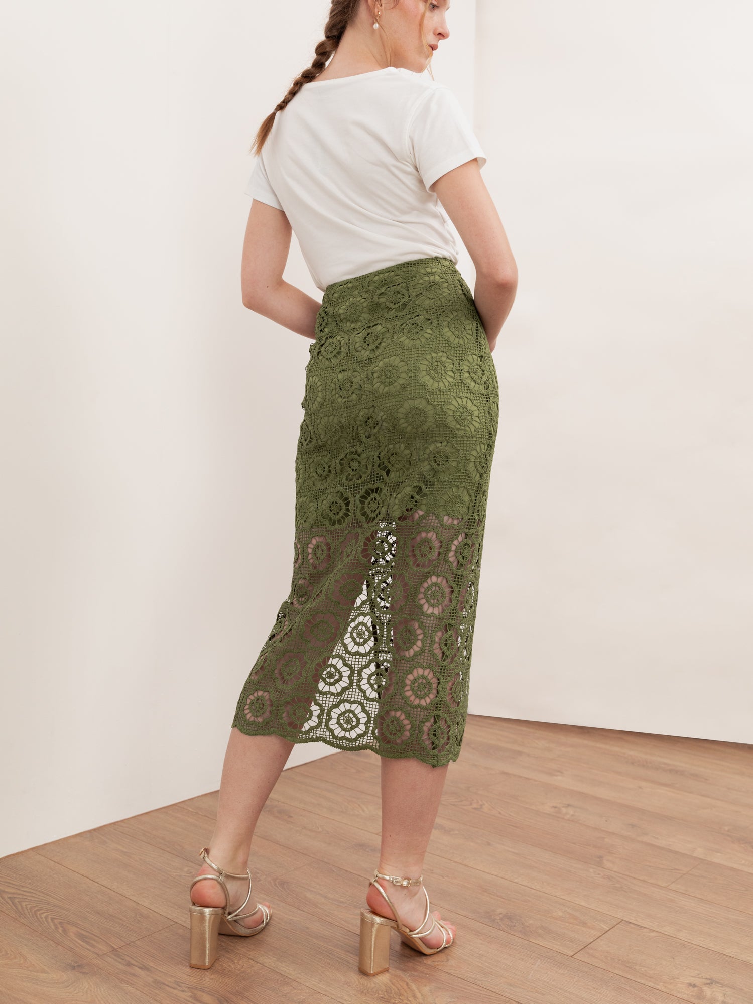 Lovedrobe Khaki Crochet Lace Midi Skirt