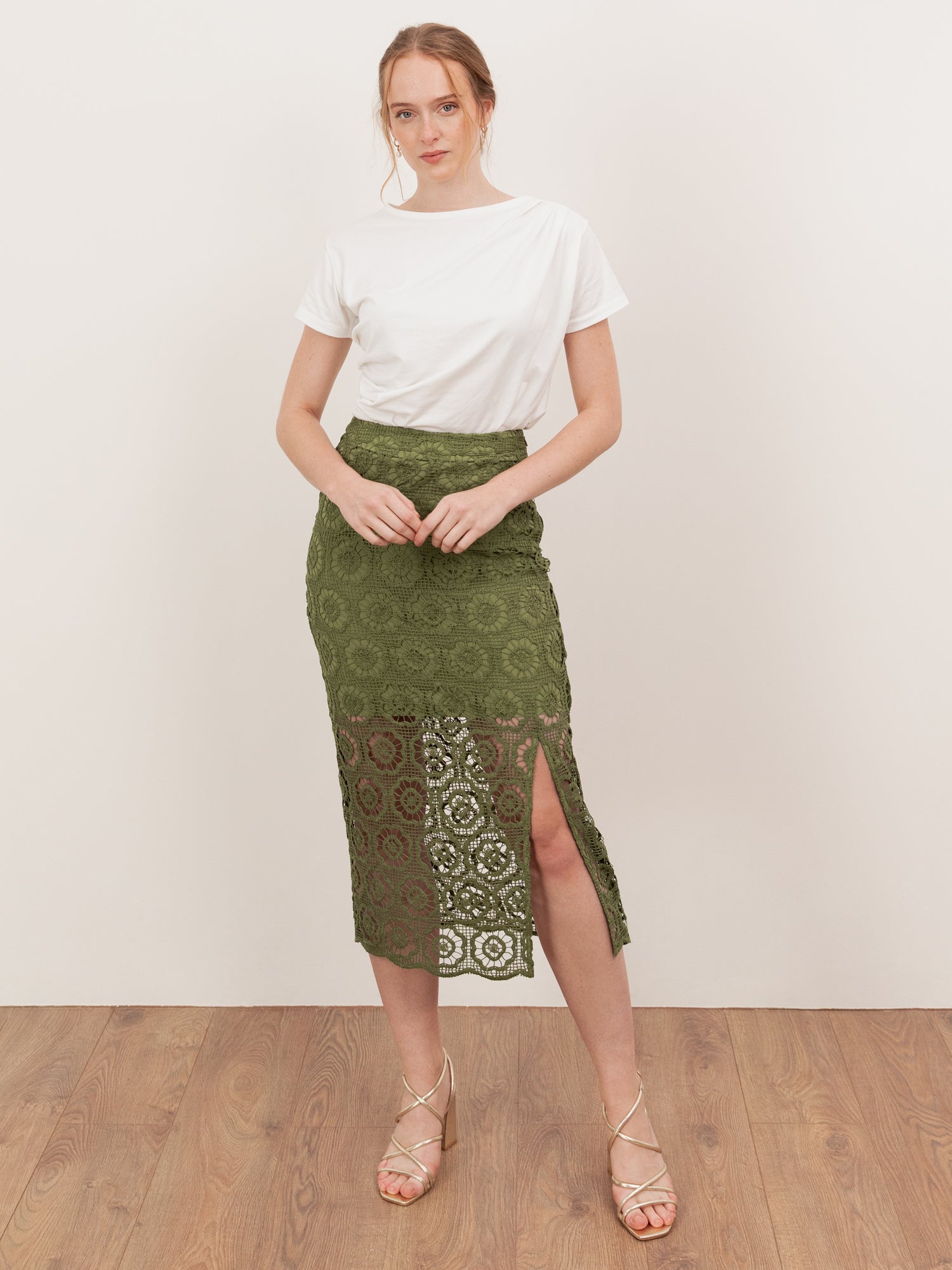Lovedrobe Khaki Crochet Lace Midi Skirt