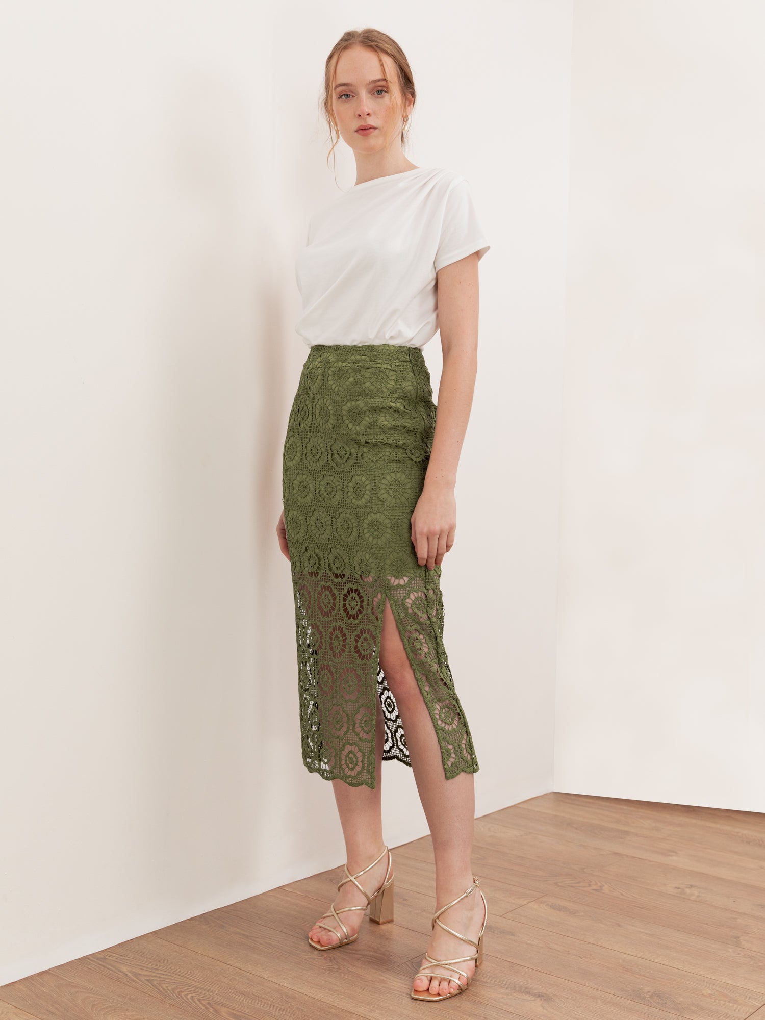 Lovedrobe Khaki Crochet Lace Midi Skirt