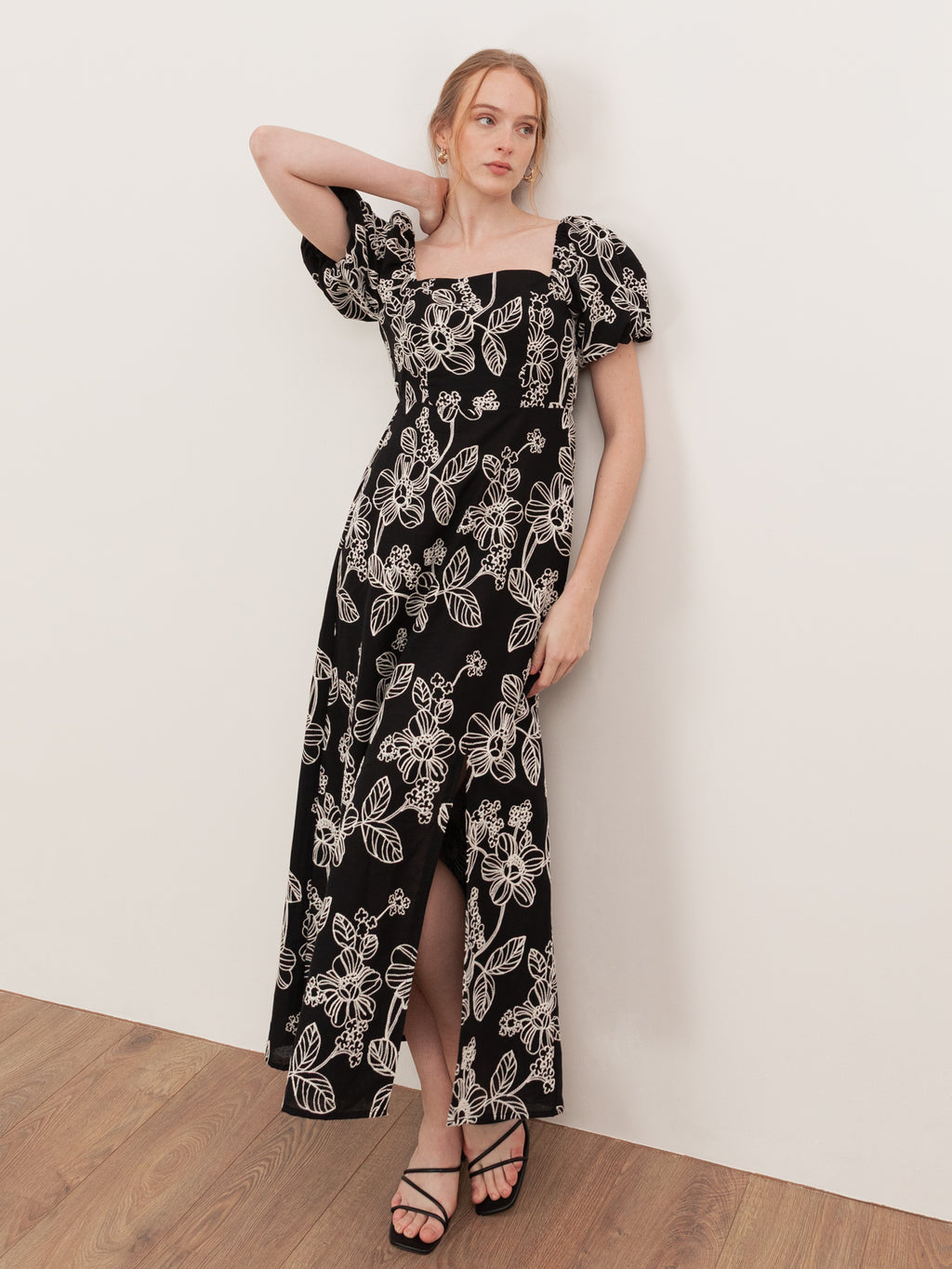 Lovedrobe Black Embroidered Short Sleeve Square Neck Midaxi Dress