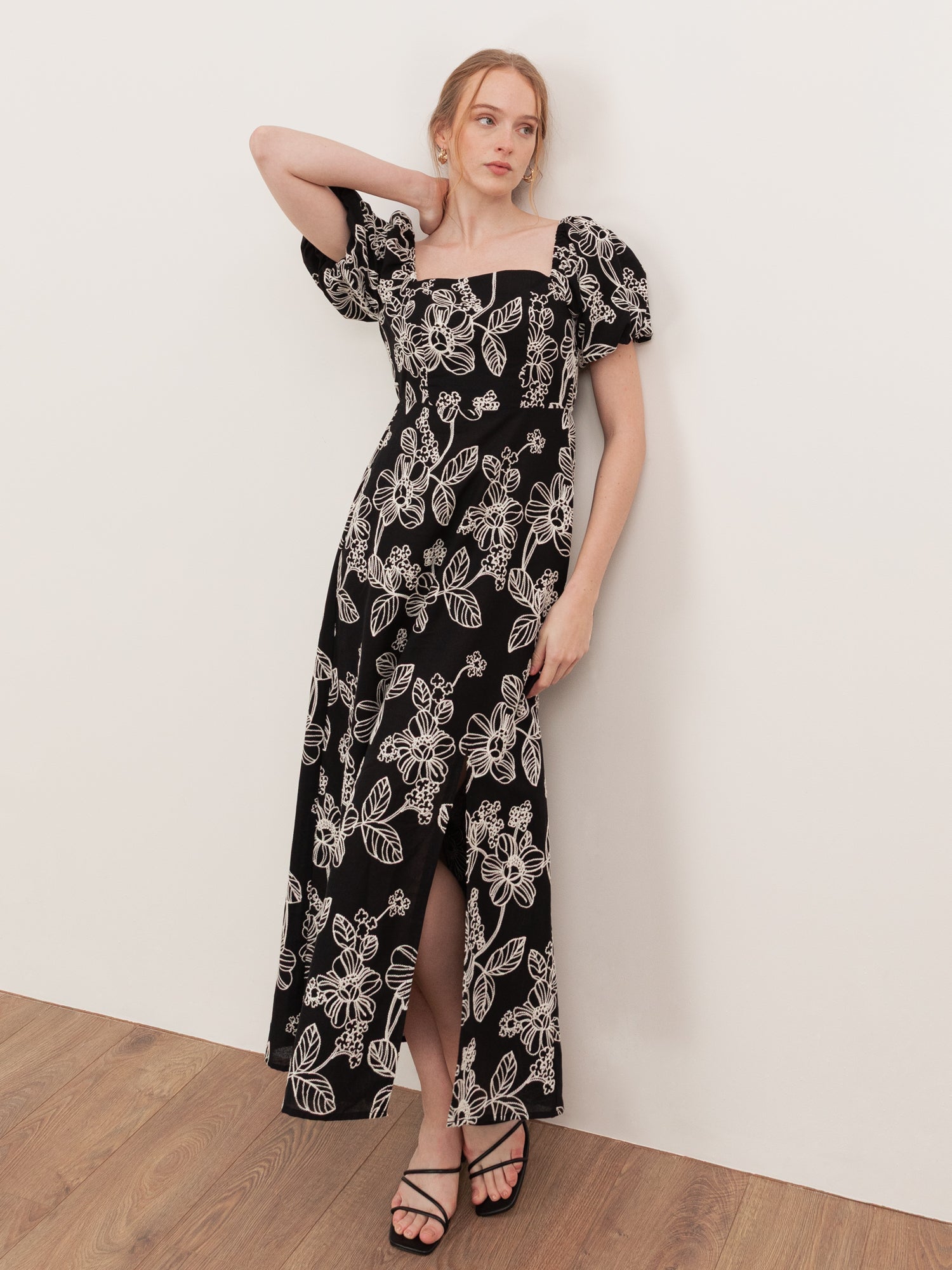 Lovedrobe Black Embroidered Short Sleeve Square Neck Midaxi Dress