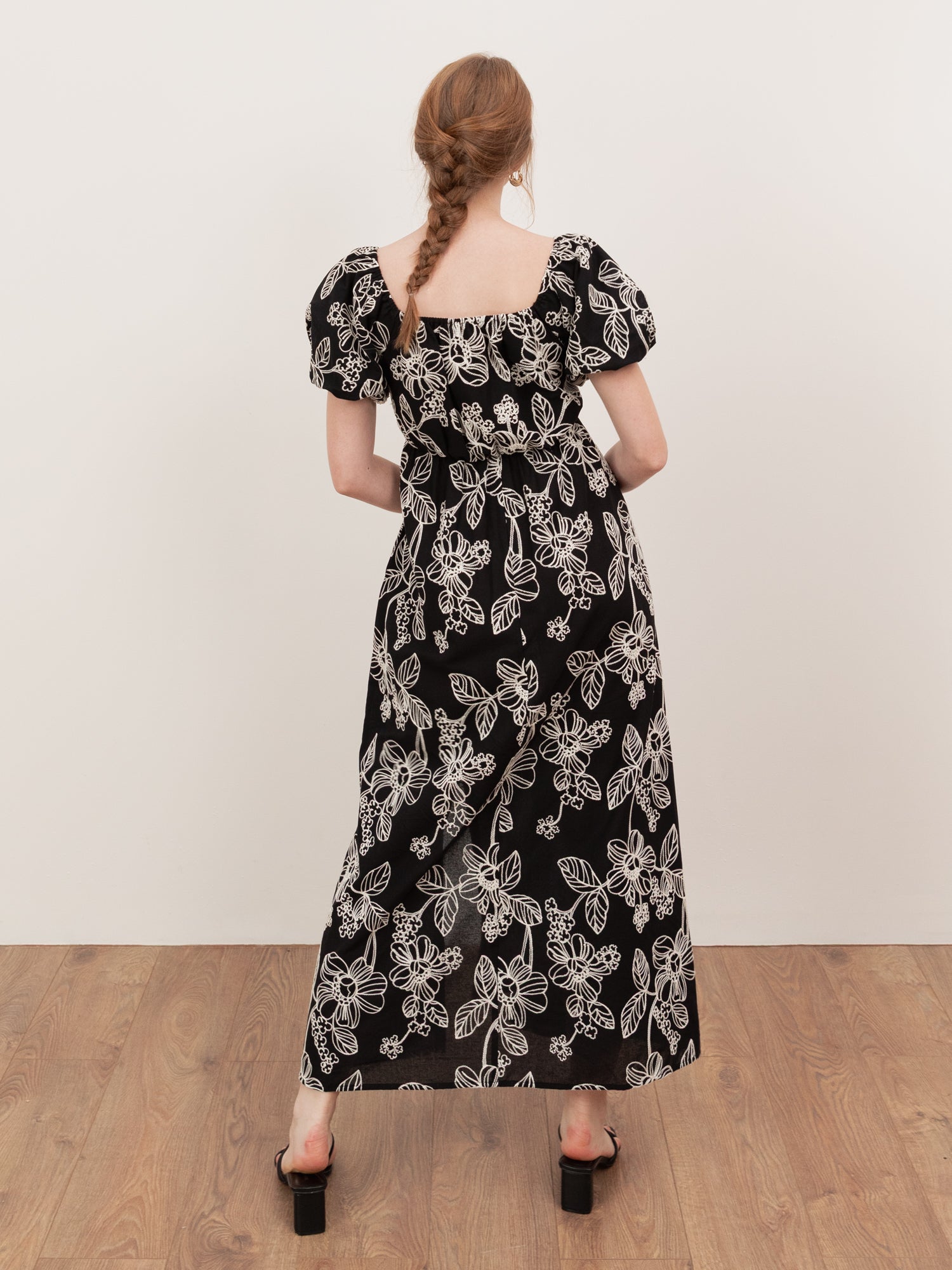 Lovedrobe Black Embroidered Short Sleeve Square Neck Midaxi Dress