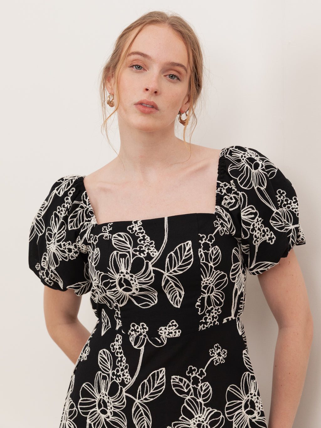 Lovedrobe Black Embroidered Short Sleeve Square Neck Midaxi Dress