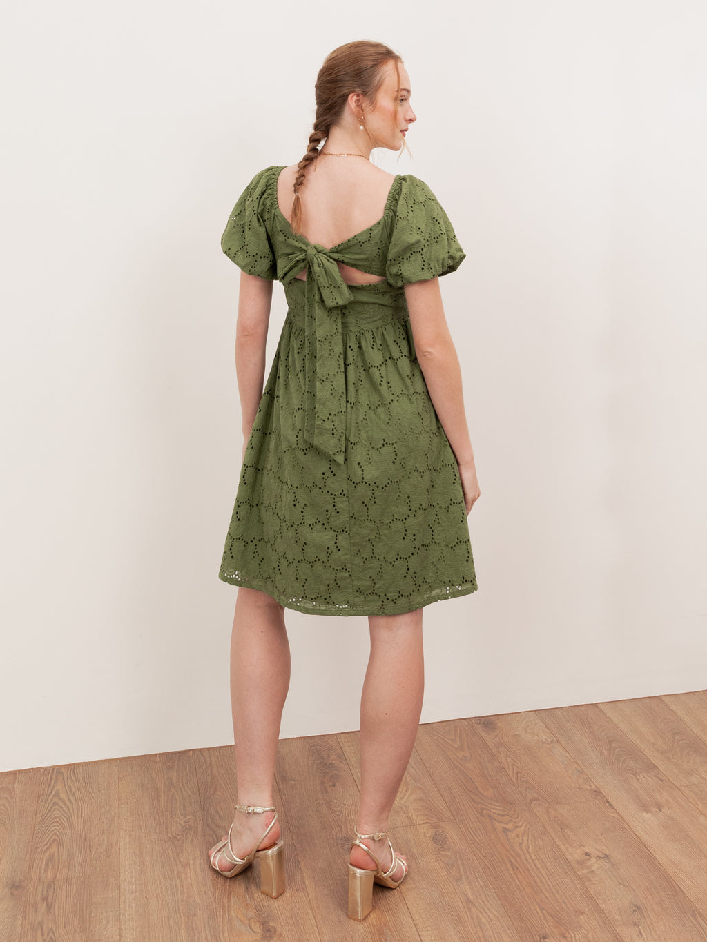 Lovedrobe Khaki Broderie Bow Detail Mini Dress