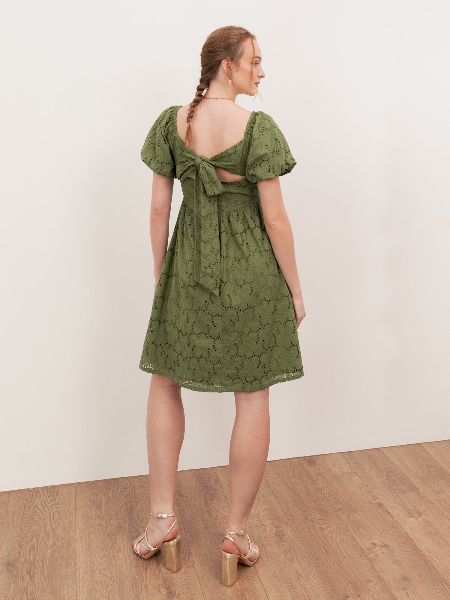 Lovedrobe Khaki Broderie Bow Detail Mini Dress