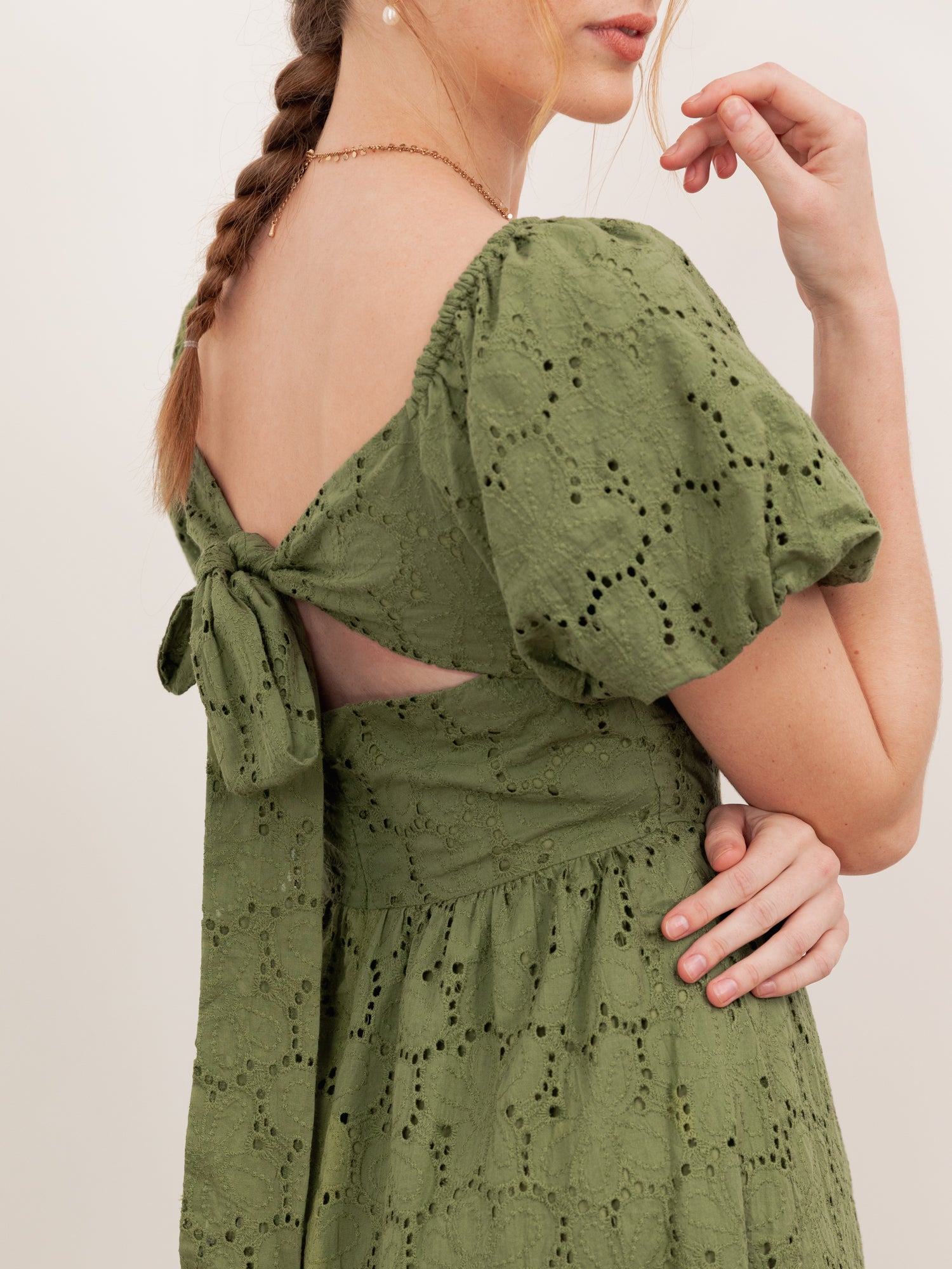 Lovedrobe Khaki Broderie Bow Detail Mini Dress