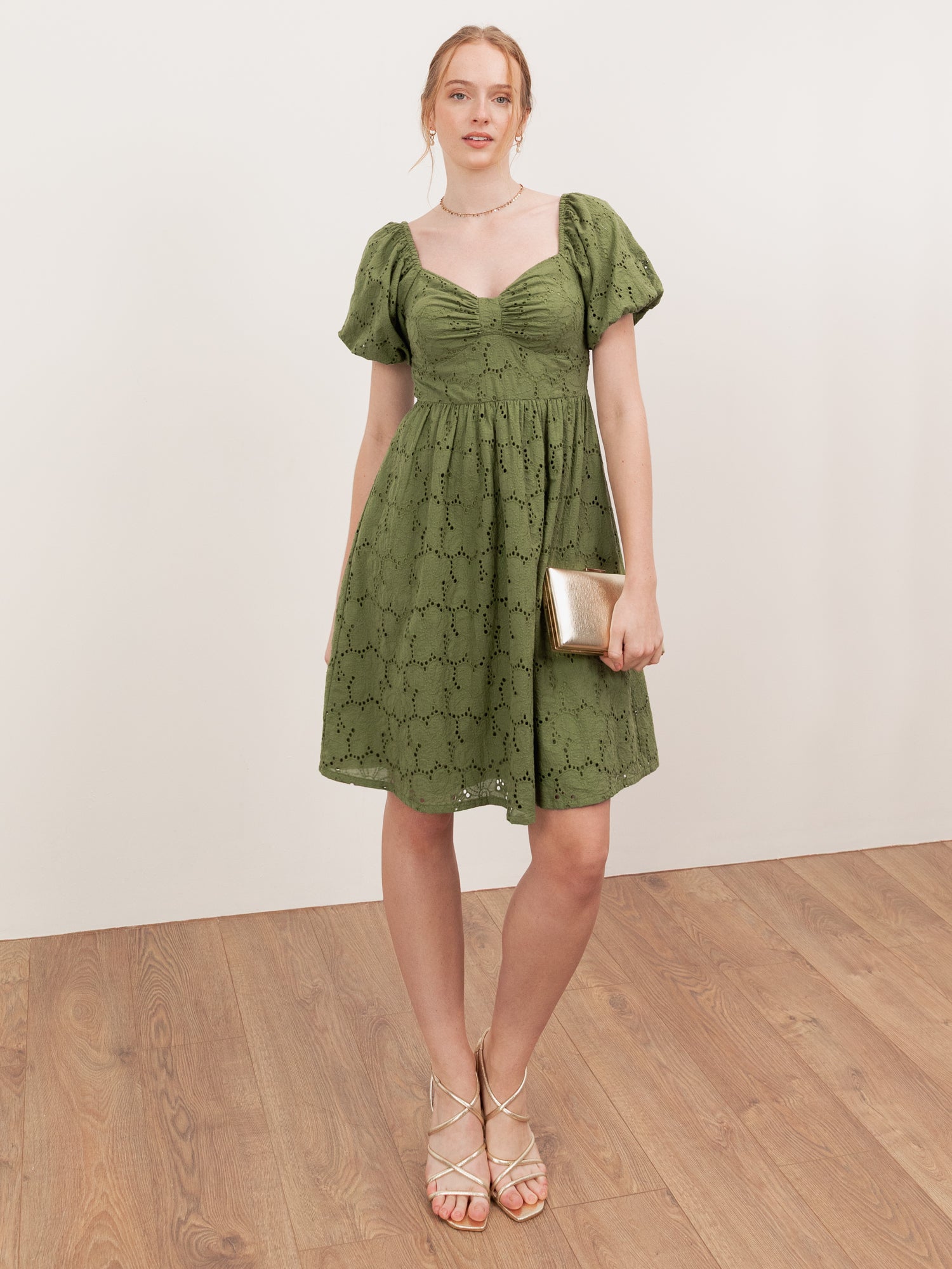 Lovedrobe Khaki Broderie Bow Detail Mini Dress