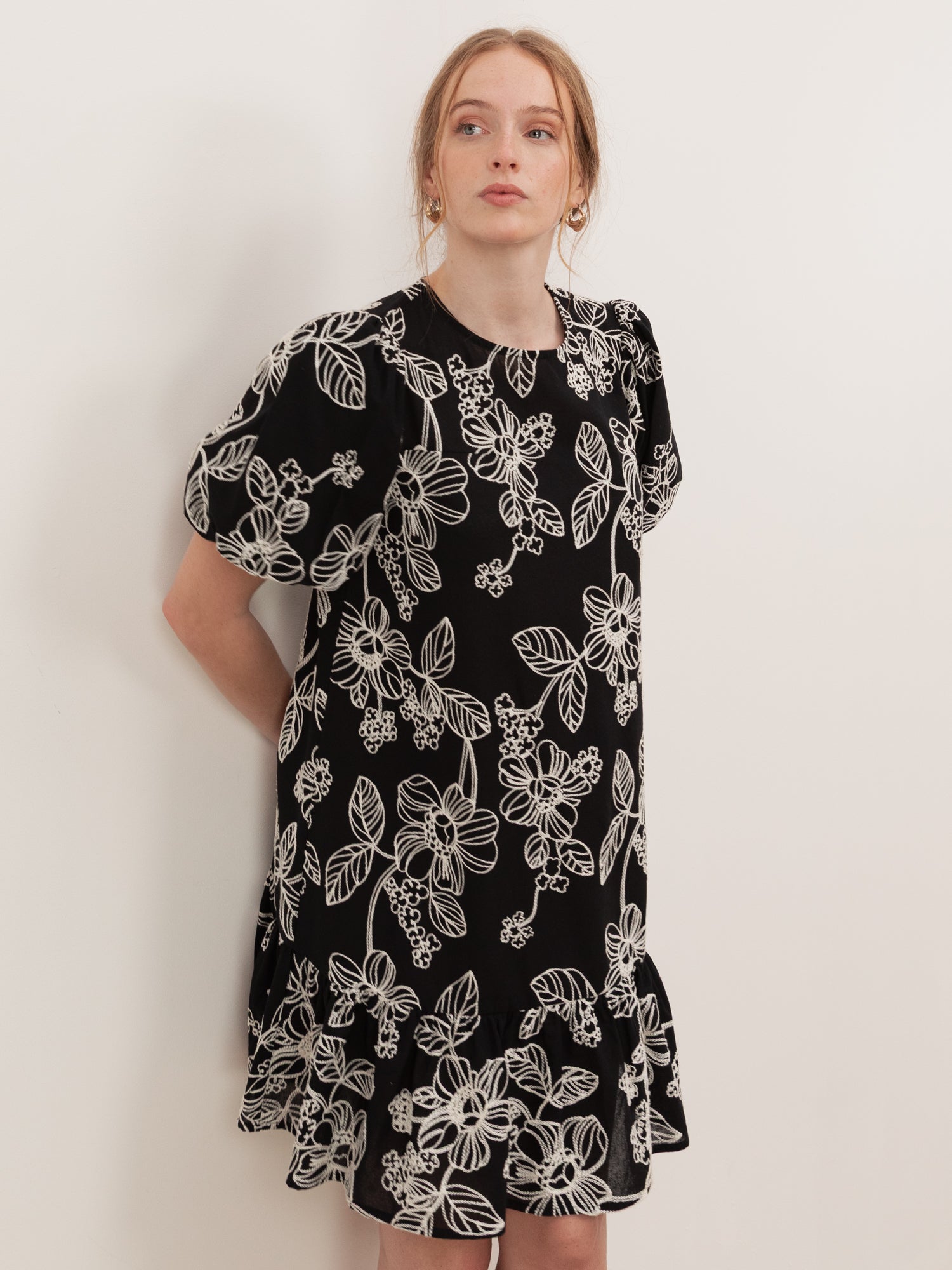 Lovedrobe Black Embroidered Short Sleeve Swing Mini Dress