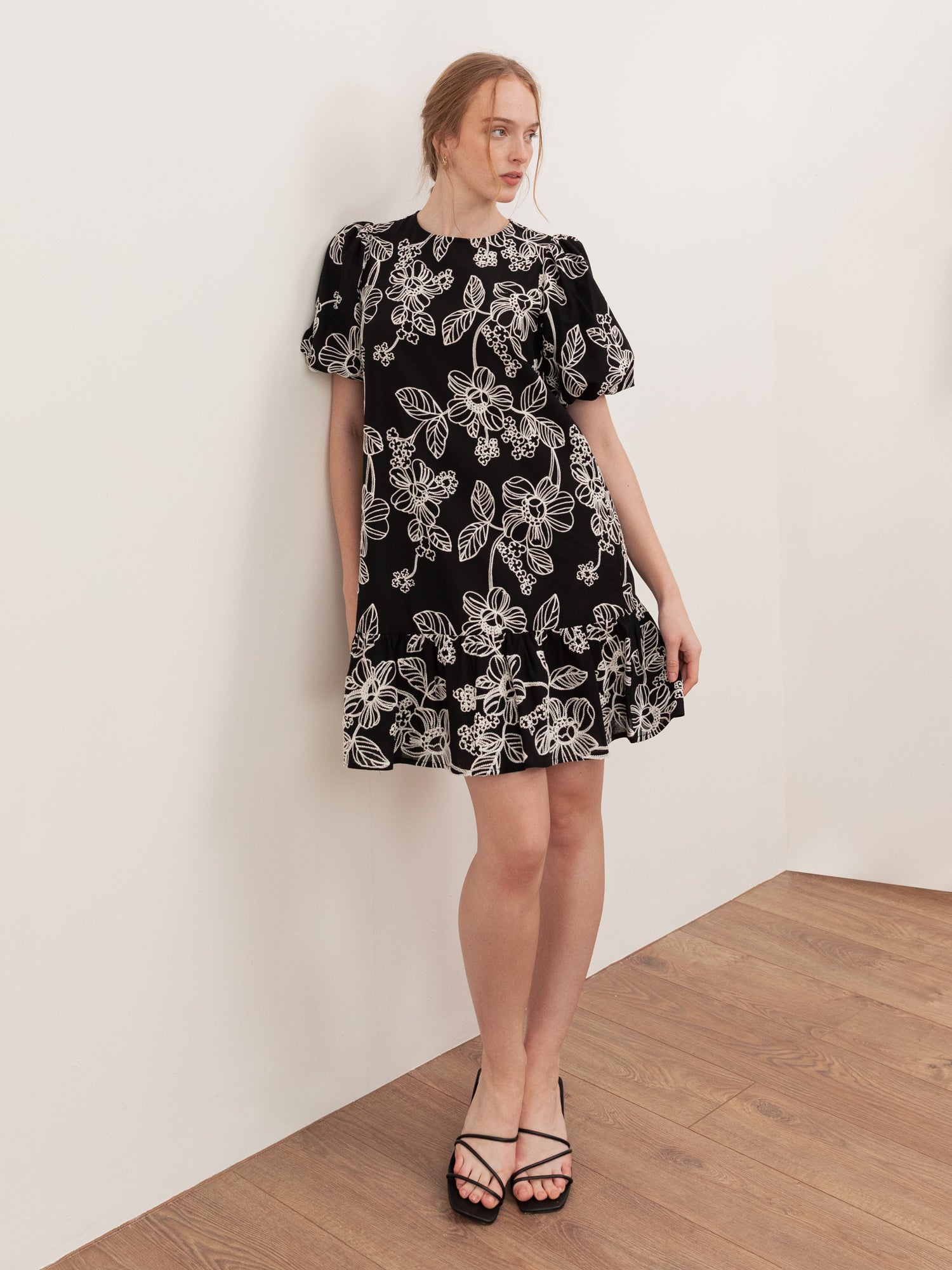 Lovedrobe Black Embroidered Short Sleeve Swing Mini Dress