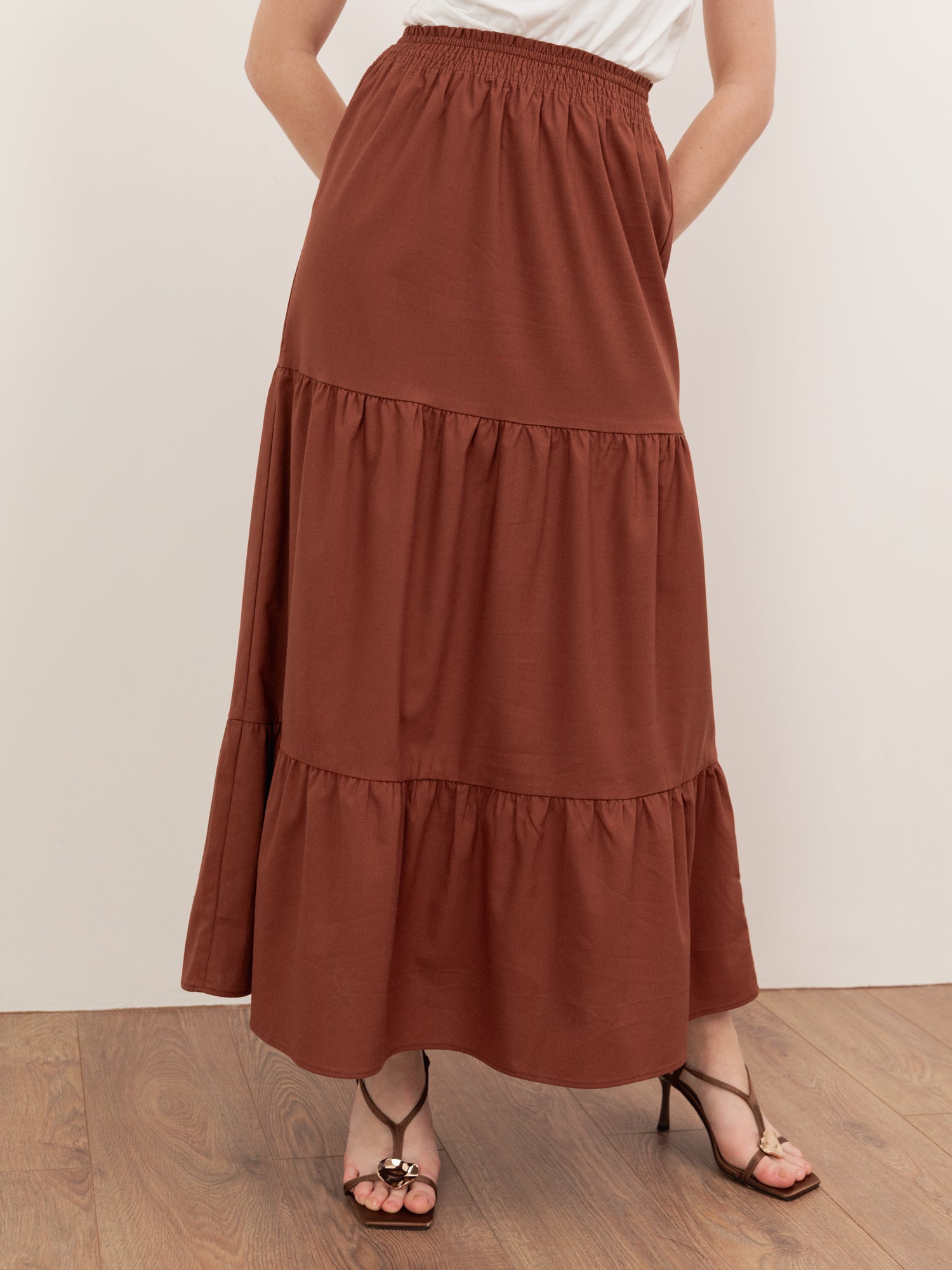 Lovedrobe Mocha Shirred Waist Tiered Maxi Skirt Co-Ord