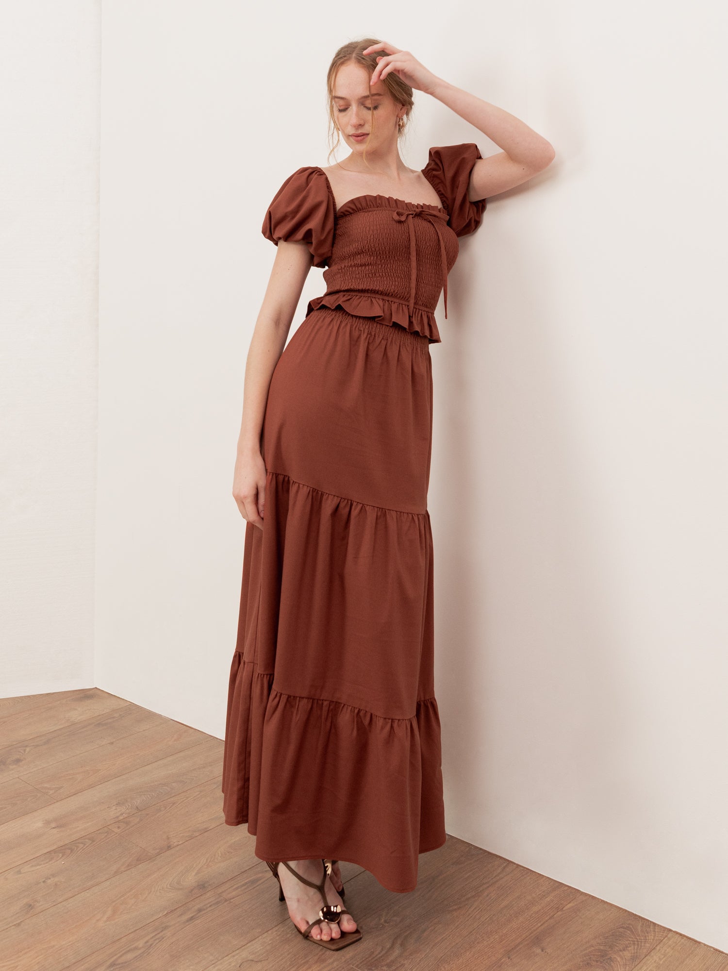 Lovedrobe Mocha Shirred Waist Tiered Maxi Skirt Co-Ord