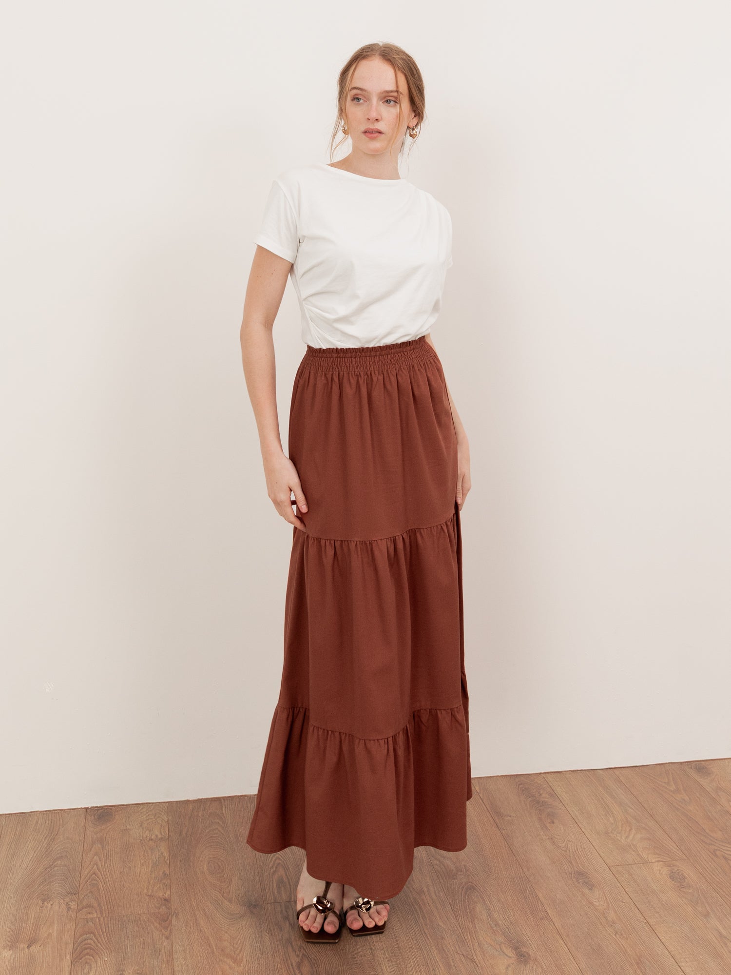 Lovedrobe Mocha Shirred Waist Tiered Maxi Skirt Co-Ord
