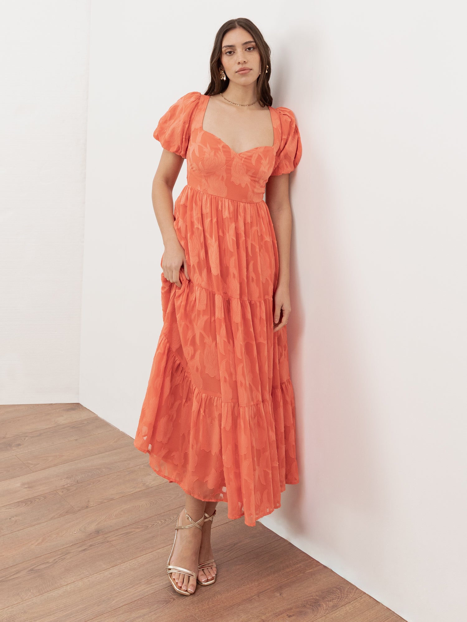 Anaya With Love Recycled Coral Floral Burnout Sweetheart Neck Puff Sleeve Midaxi Dress