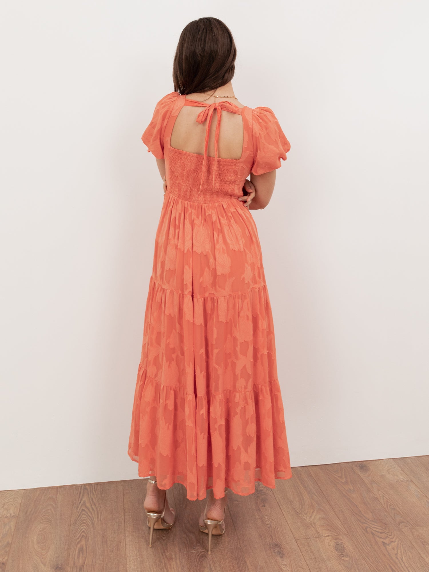 Anaya With Love Recycled Coral Floral Burnout Sweetheart Neck Puff Sleeve Midaxi Dress