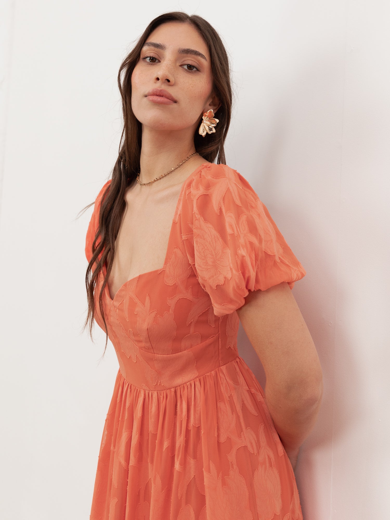 Anaya With Love Recycled Coral Floral Burnout Sweetheart Neck Puff Sleeve Midaxi Dress