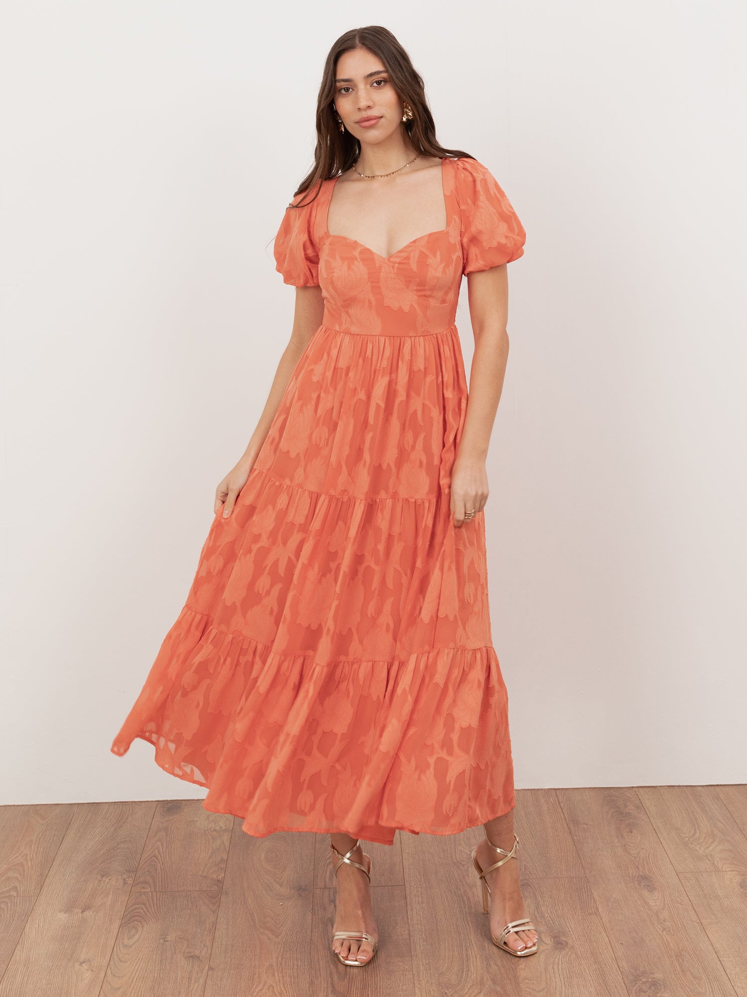 Anaya With Love Recycled Coral Floral Burnout Sweetheart Neck Puff Sleeve Midaxi Dress