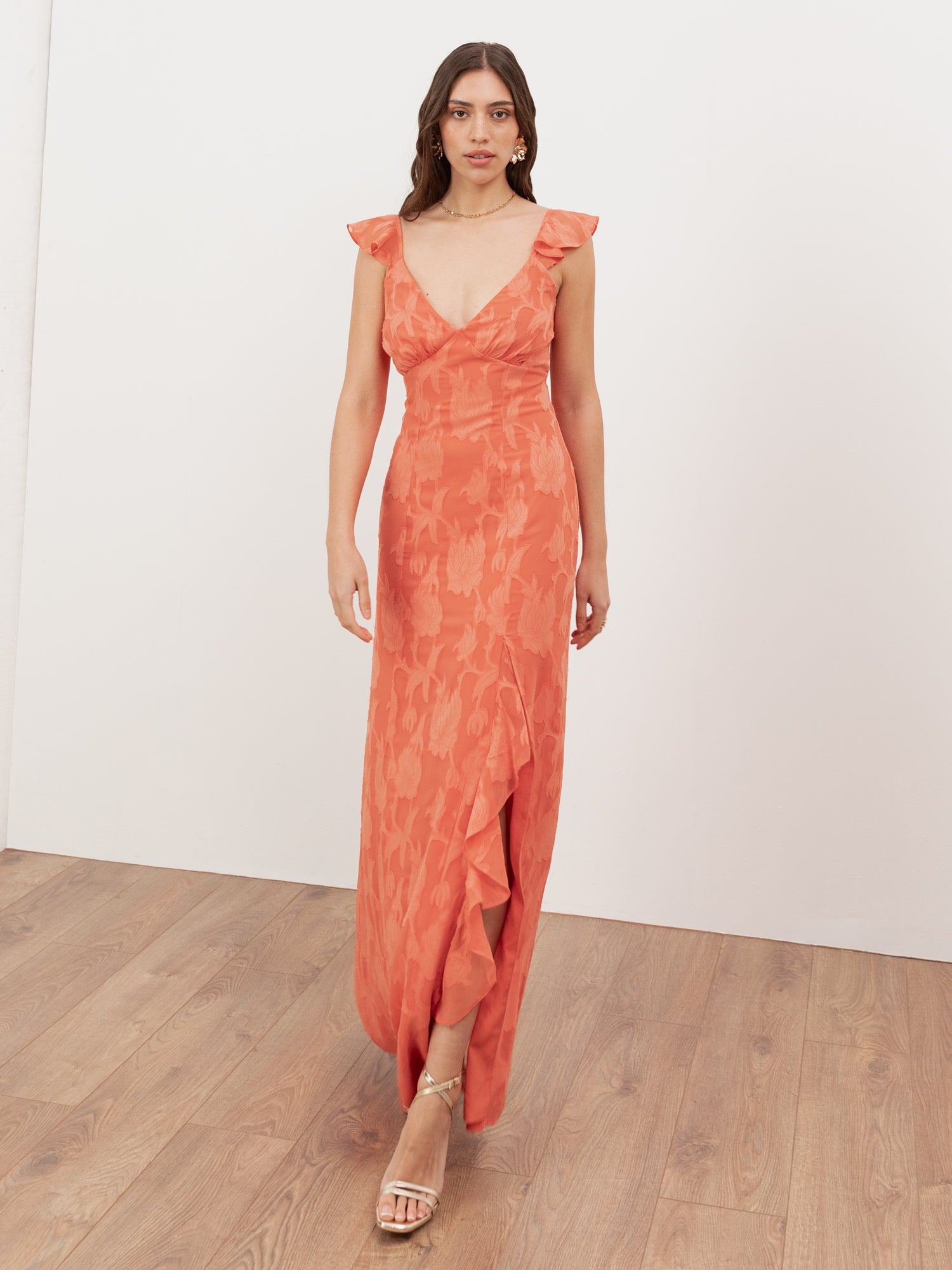 Anaya With Love Recycled Coral Floral Burnout Strappy V Neck Maxi Dress with Skirt Split & Ruffle Detail