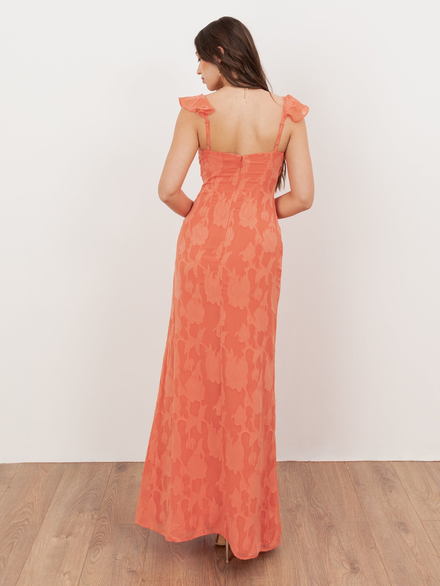 Anaya With Love Recycled Coral Floral Burnout Strappy V Neck Maxi Dress with Skirt Split & Ruffle Detail