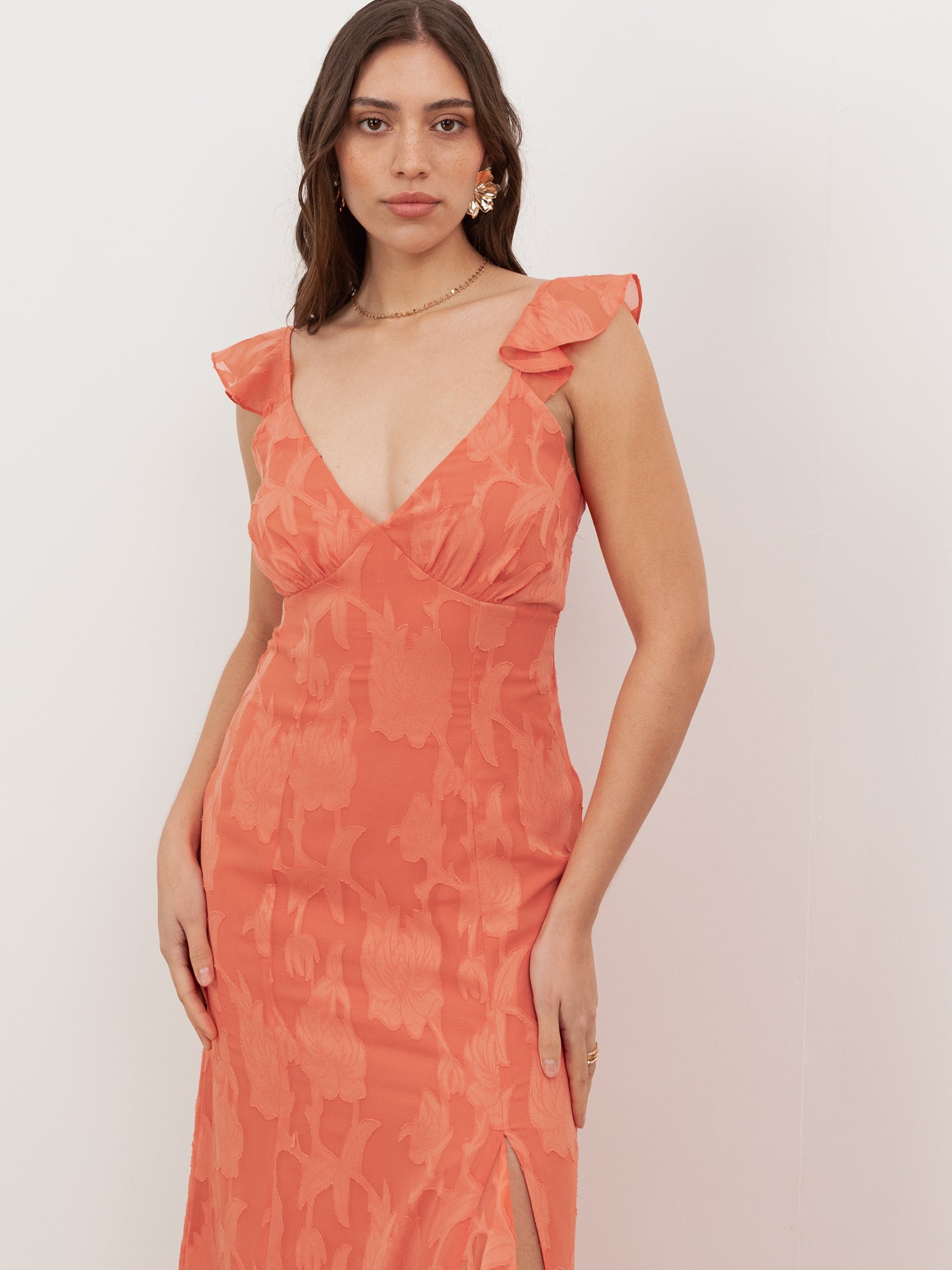 Anaya With Love Recycled Coral Floral Burnout Strappy V Neck Maxi Dress with Skirt Split & Ruffle Detail