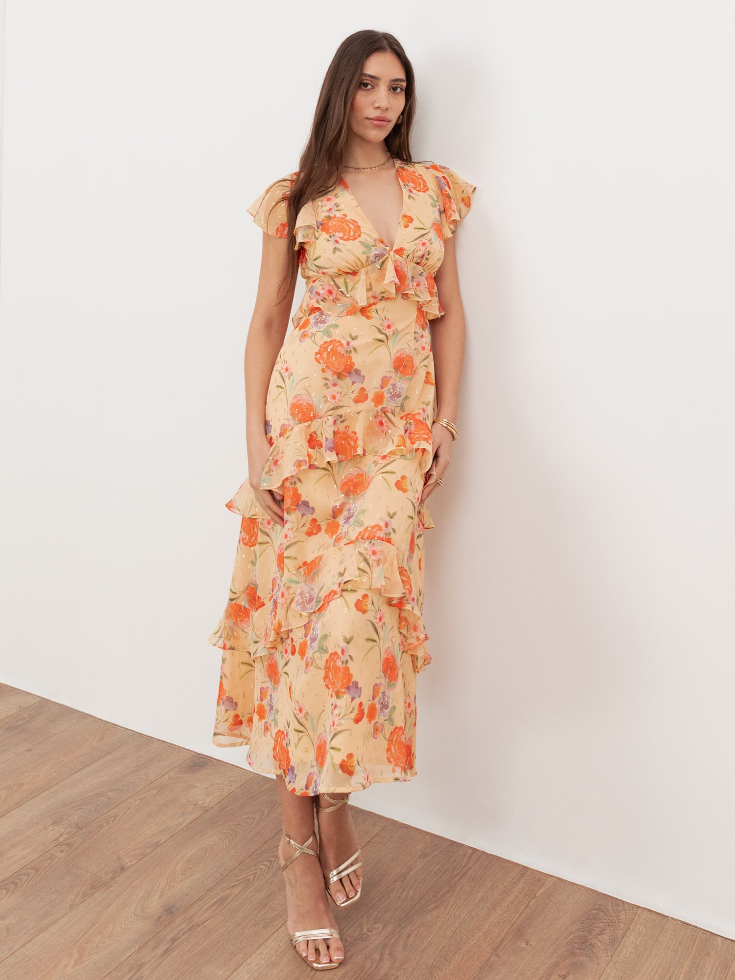 Anaya With Love Recycled Yellow Floral V Neck Ruffle Midi Dress