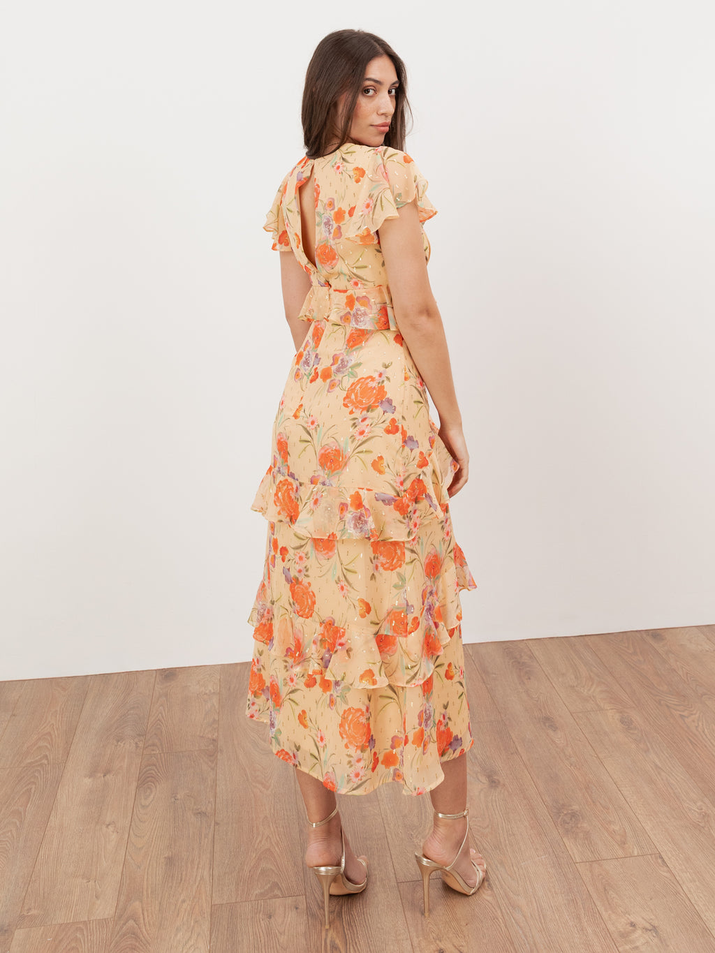 Anaya With Love Recycled Yellow Floral V Neck Ruffle Midi Dress