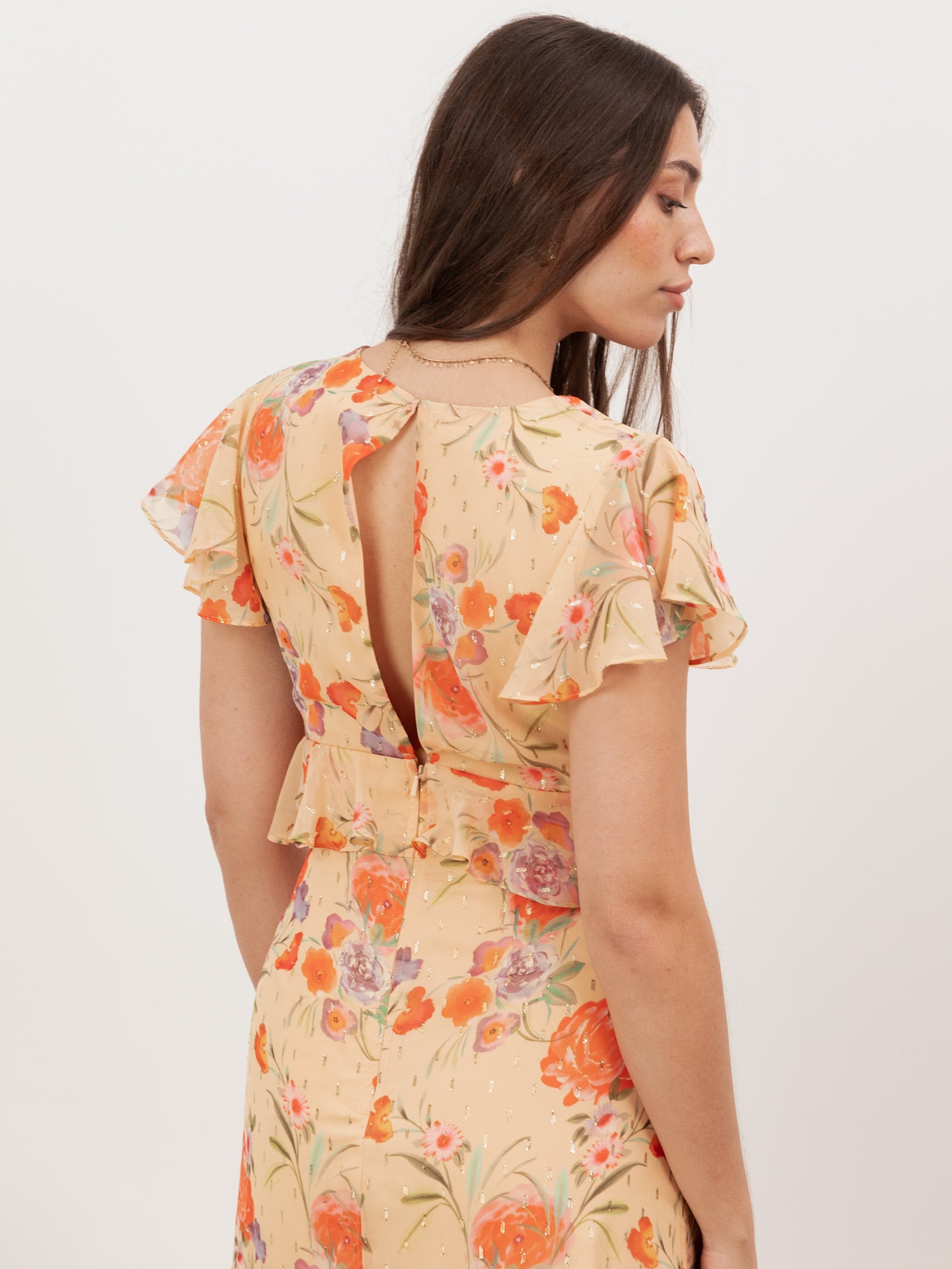 Anaya With Love Recycled Yellow Floral V Neck Ruffle Midi Dress