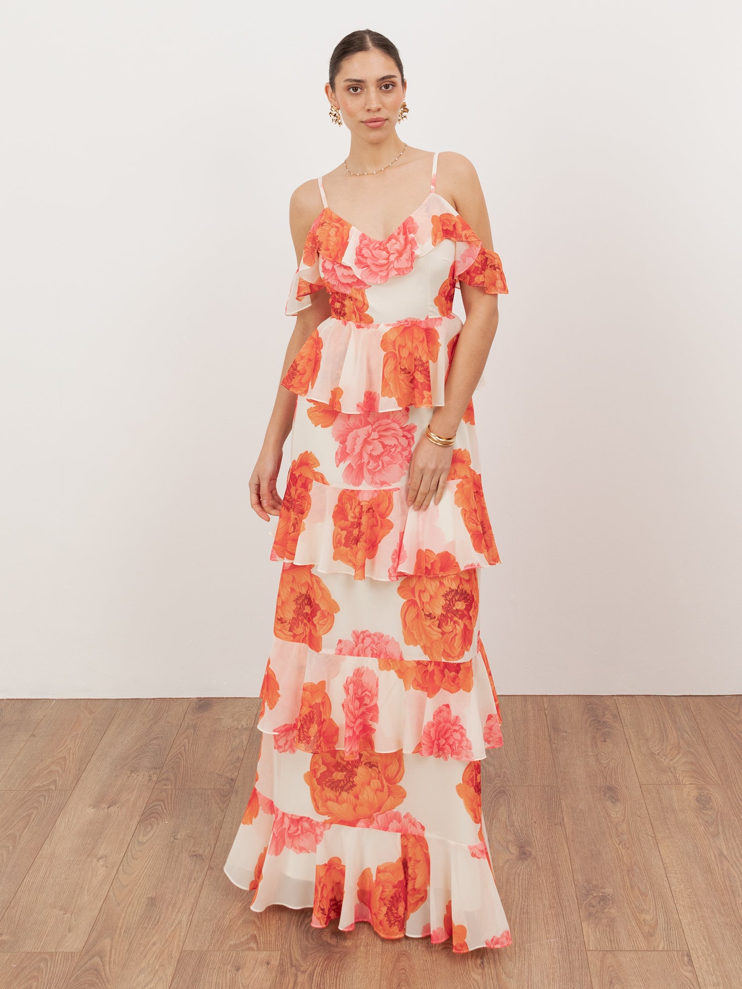 Anaya With Love Recycled Floral Cold Shoulder Tiered Maxi Dress