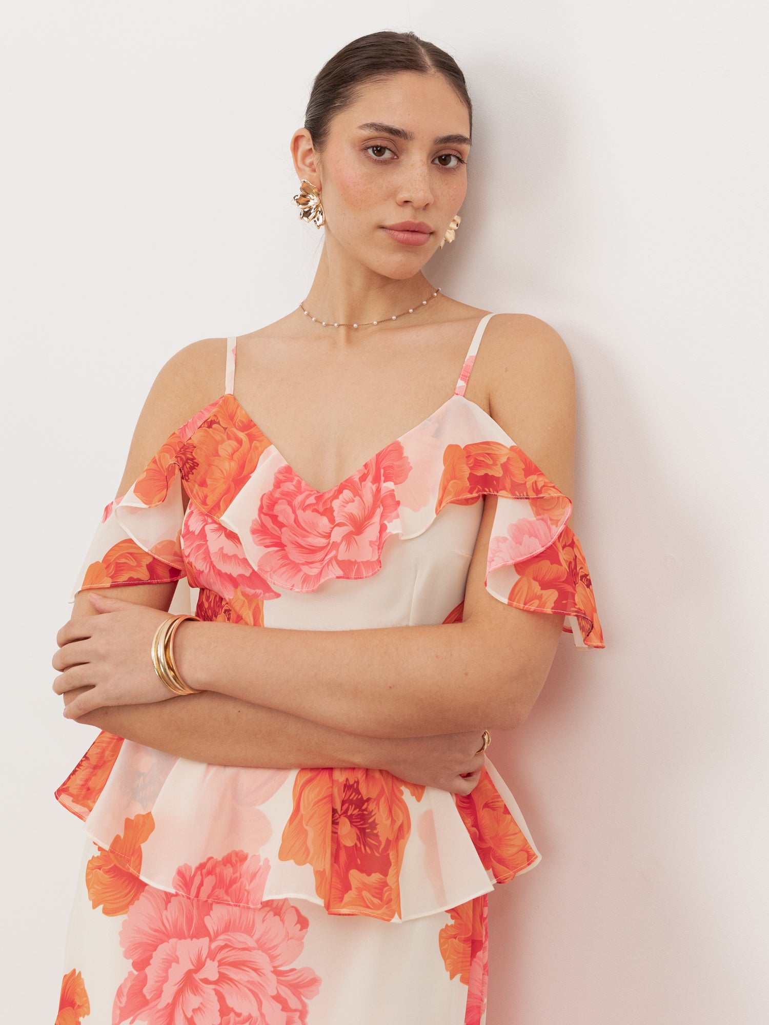 Anaya With Love Recycled Floral Cold Shoulder Tiered Maxi Dress