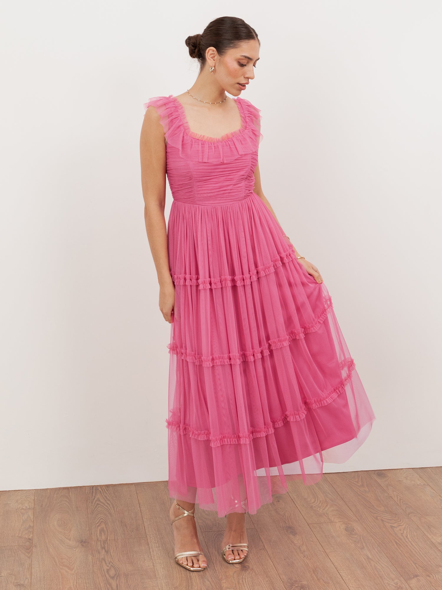 Anaya With Love Recycled Pink Ruffle Square Neck Tulle Midaxi Dress