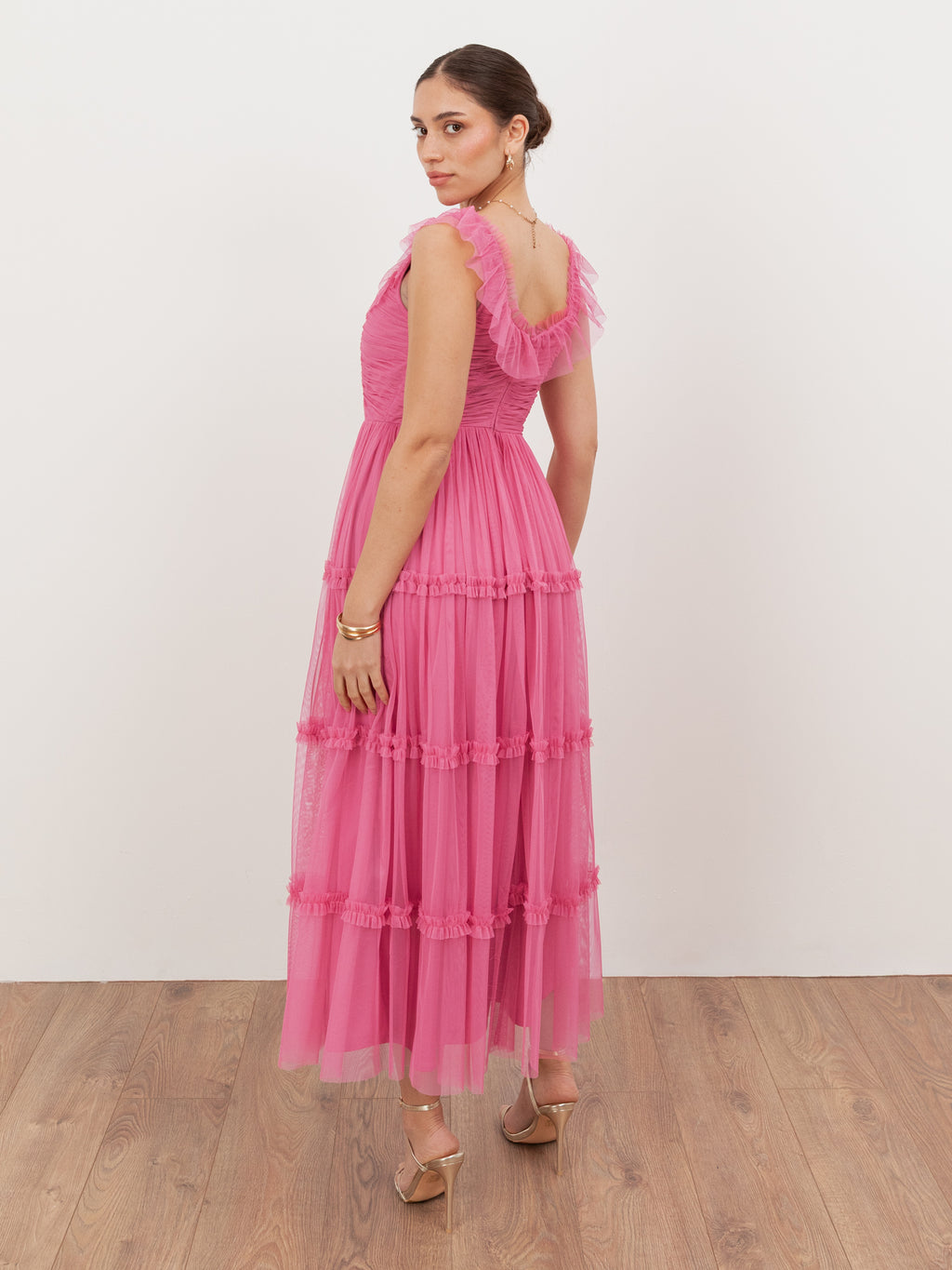 Anaya With Love Recycled Pink Ruffle Square Neck Tulle Midaxi Dress