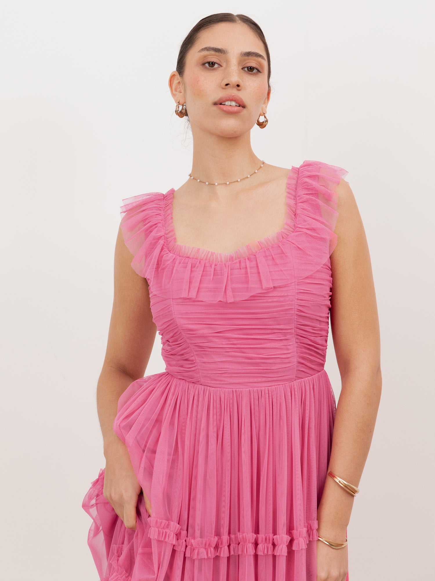 Anaya With Love Recycled Pink Ruffle Square Neck Tulle Midaxi Dress