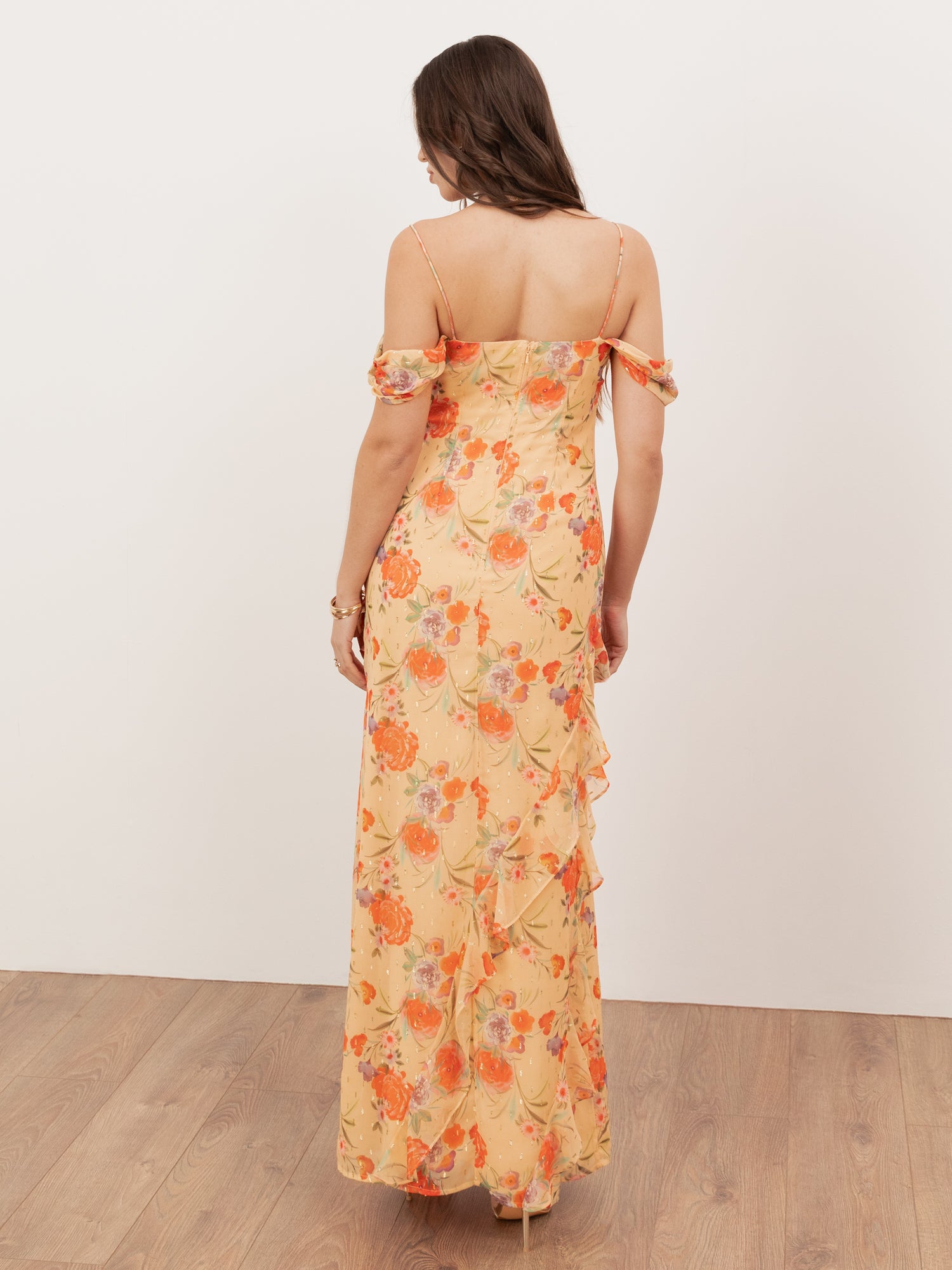 Anaya With Love Recycled Floral Print Cowl Neck Cold Shoulder Ruffle Maxi Dress