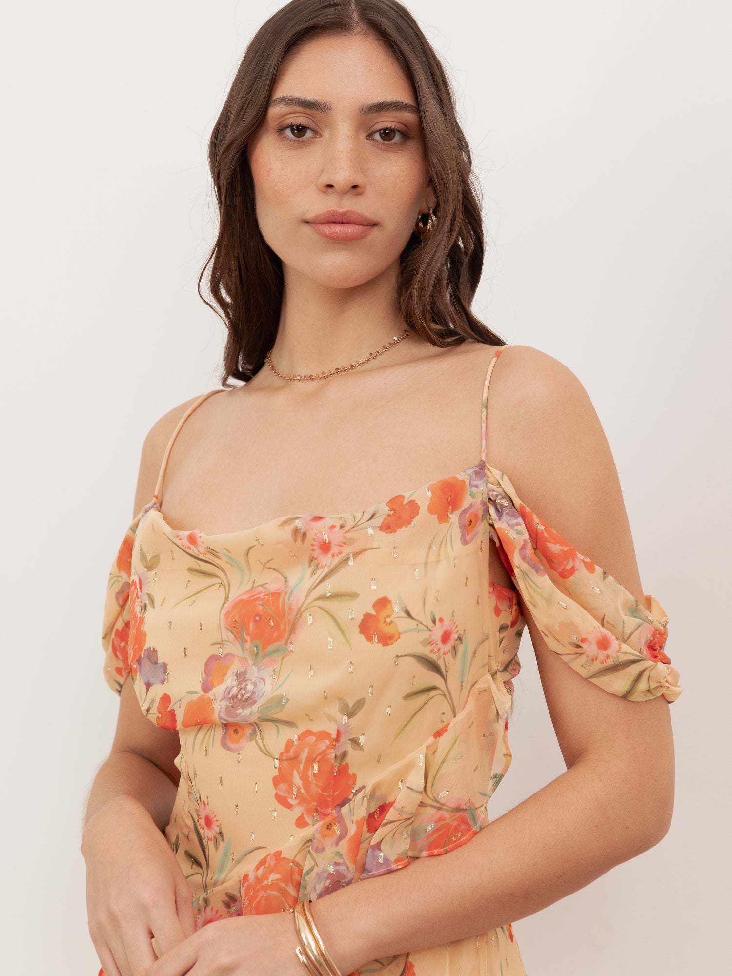 Anaya With Love Recycled Floral Print Cowl Neck Cold Shoulder Ruffle Maxi Dress