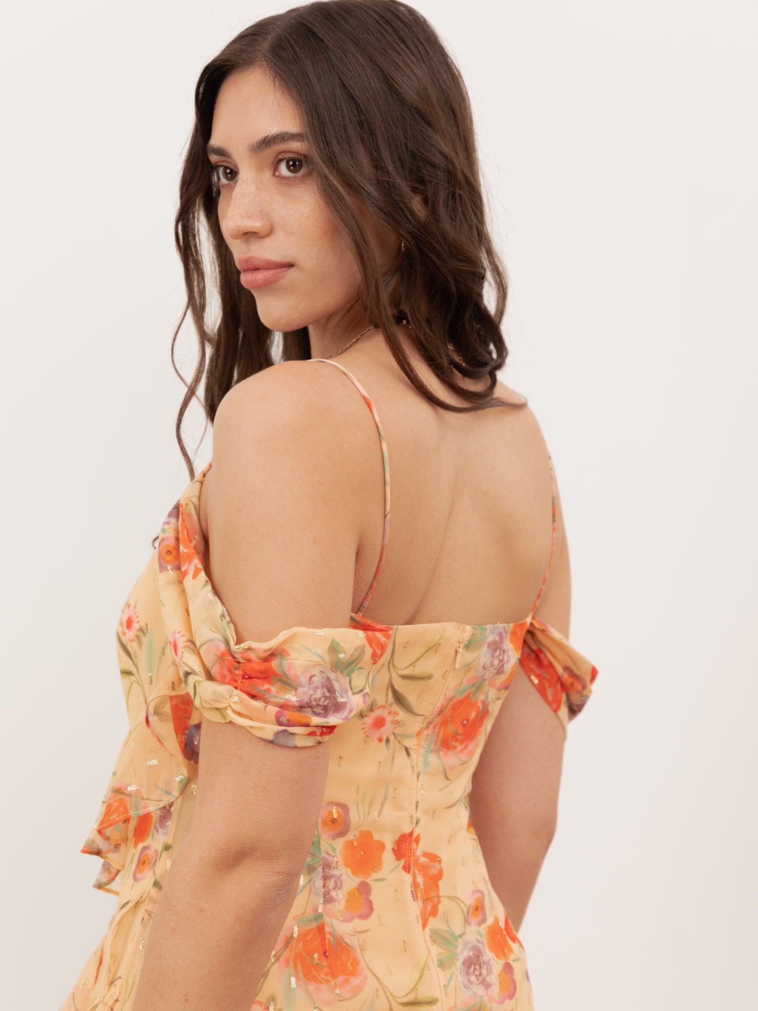 Anaya With Love Recycled Floral Print Cowl Neck Cold Shoulder Ruffle Maxi Dress