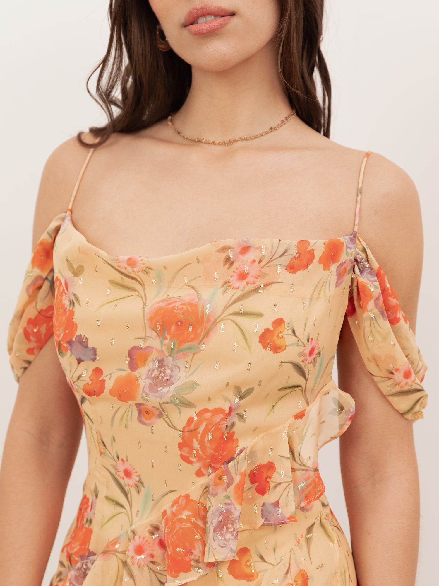 Anaya With Love Recycled Floral Print Cowl Neck Cold Shoulder Ruffle Maxi Dress